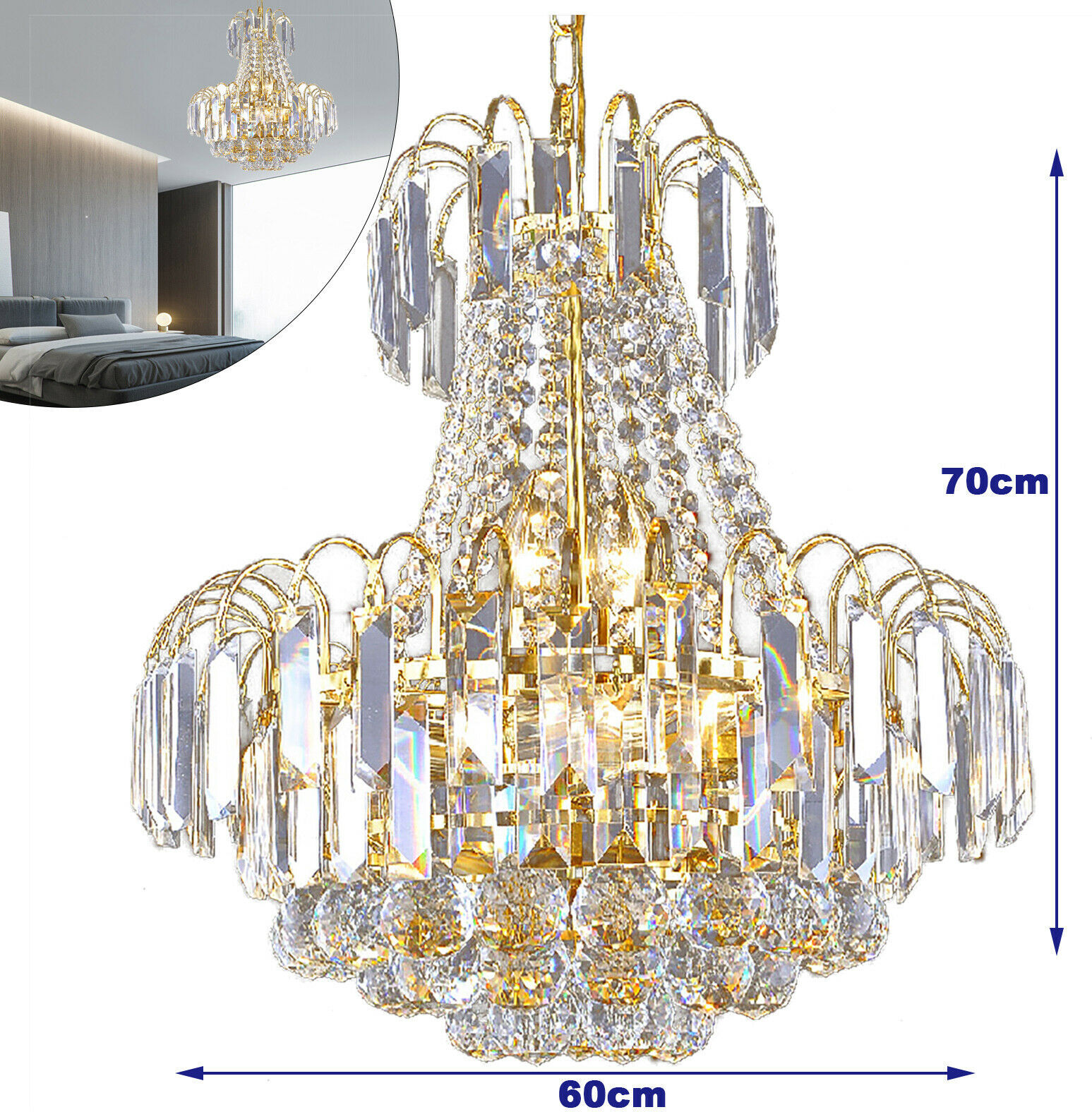 60x70cm LED Nowoczesny Żyrandol Kryształowa Metalowa Lampa Sufitowa Lampa Sufitowa 220V (Złota) Do Salonu Sypialni Jadalni Przedpokoju Baru Kawiarni Restauracji Hotelu