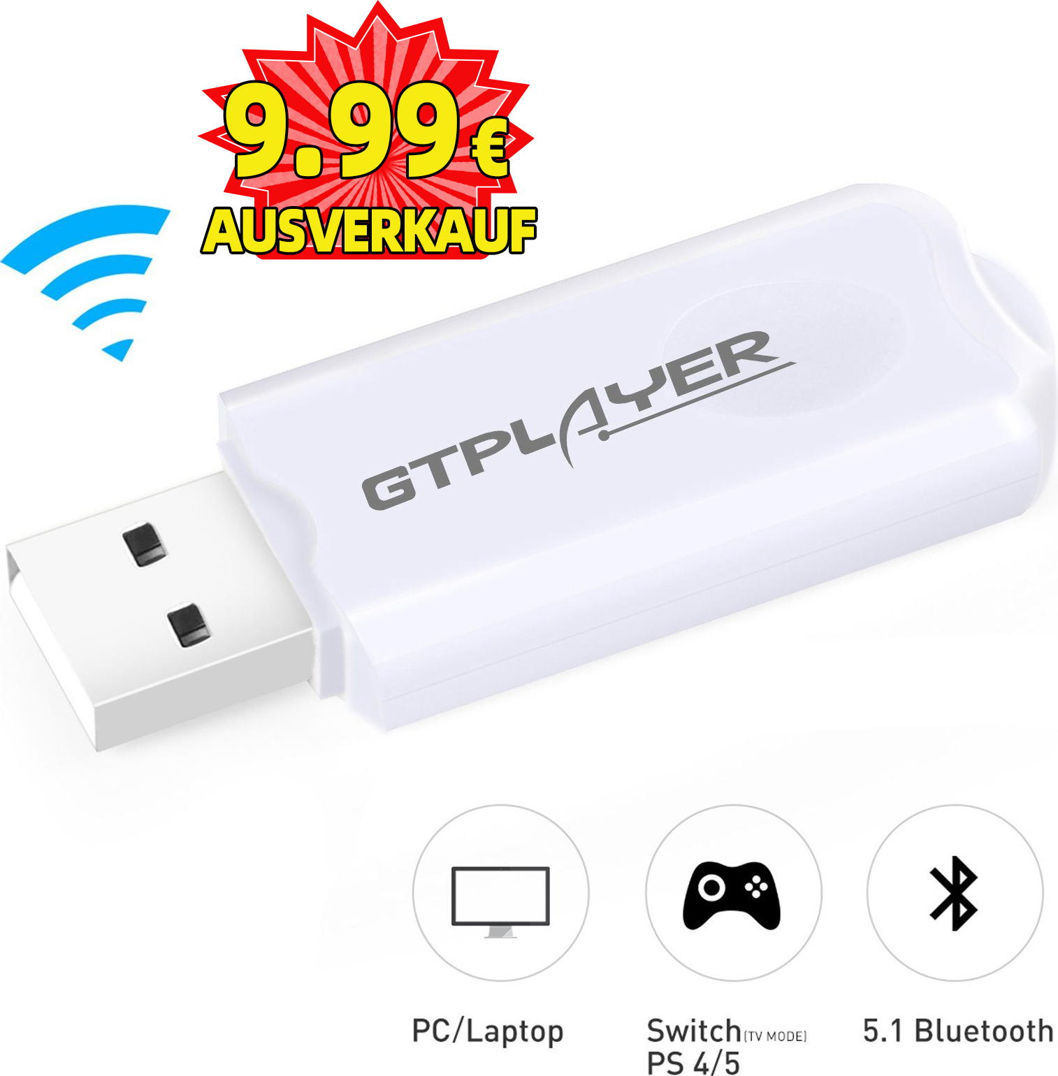 GTPLAYER Adapter Bluetooth USB Nadajnik V5.0 Bezprzewodowy klucz sprzętowy do komputera PC Laptop Komputer Łączy Audio Krzesło do gier Głośnik Bluetooth Słuchawki Obsługuje wszystkie systemy Windows XP / Vista / 7/8 / Win10