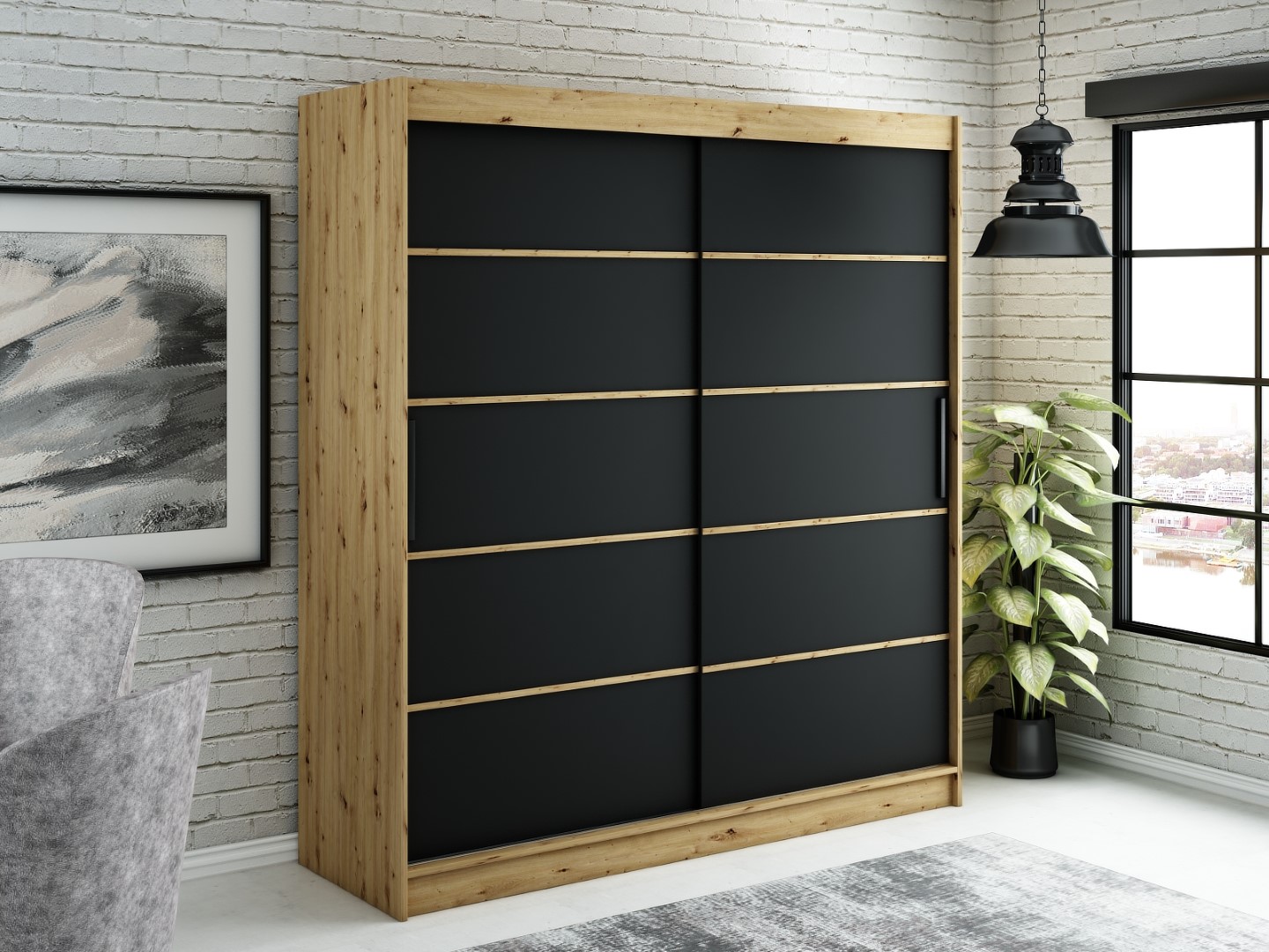 MINIO szafa 200 cm LETO V1 czarny mat / dąb Artisan