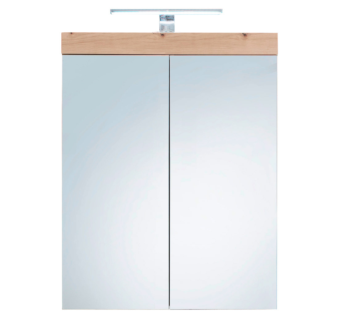 AmandaMando szafka łazienkowa z lustrem 2 drzwi z oświetleniemReplika jasny dąb, szkło lustrzane.
