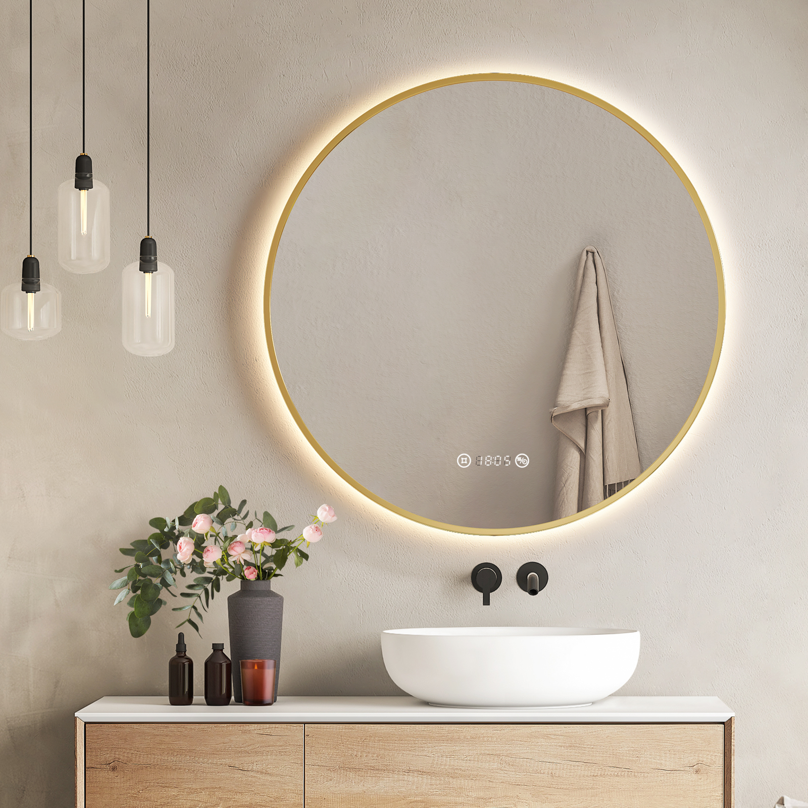 EMKE Lustro łazienkowe LED okrągłe ф80 cm Lustro łazienkowe z oświetleniem Lustro ścienne z przełącznikiem dotykowym, przeciwmgielne, z zegarem i możliwością ściemniania