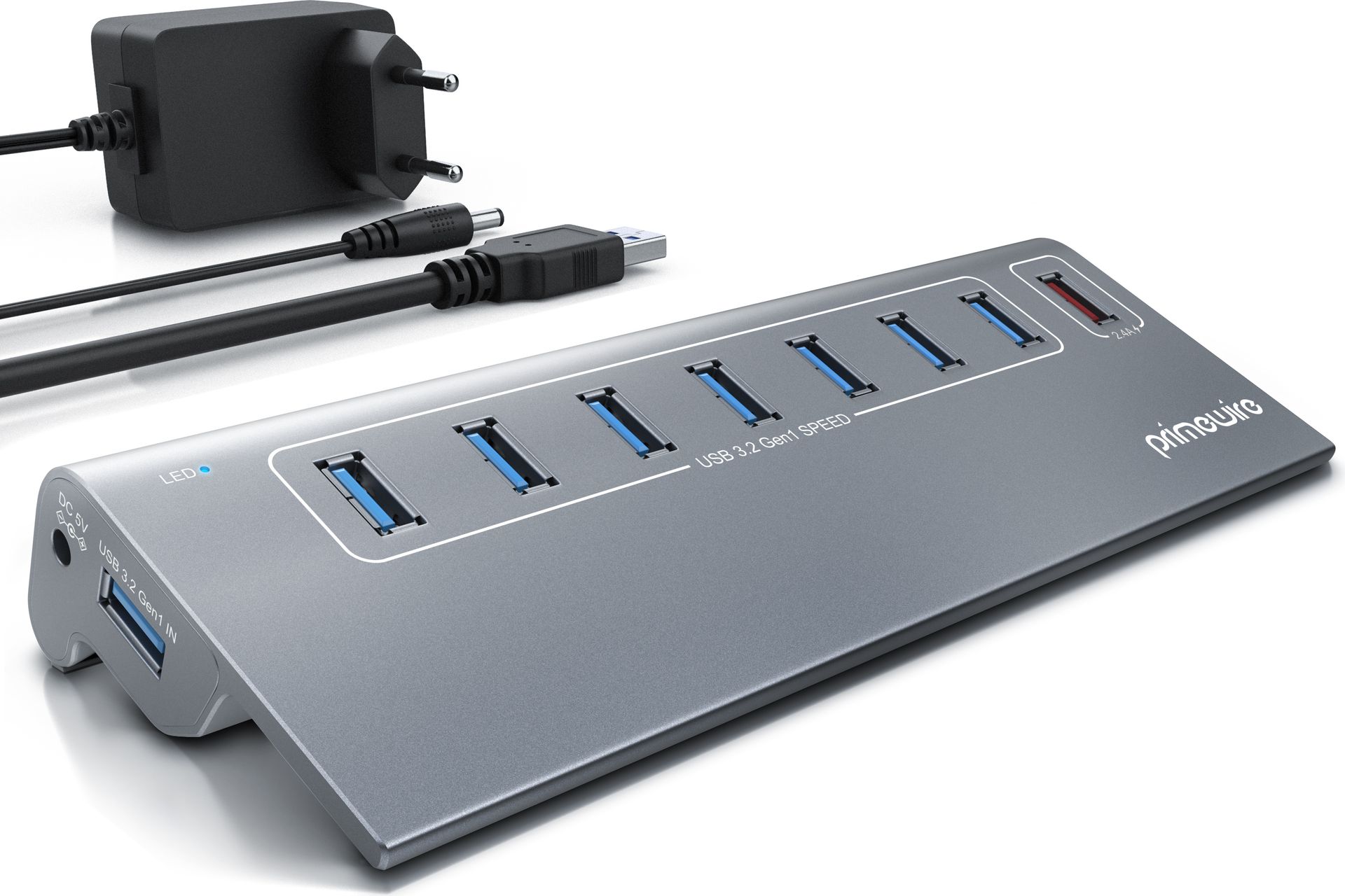 Primewire 8 Port USB 3.2 Gen.1 Port Hub - 8 x USB 3.2 Gen1, w tym 1x port ładowania USB smart Charge - 8 portowy rozdzielacz z zasilaczem - aluminiowa obudowa - do notebooków laptopów ultrabooków tabletów PC - do 5 Gbit/