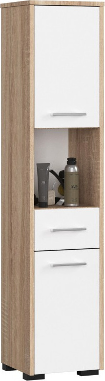 3xEliving KORALIA wysoka szafka łazienkowa z 6 przegrodami i 2 drzwiczkami w kolorze dąb sonoma/biały 140x30x30
