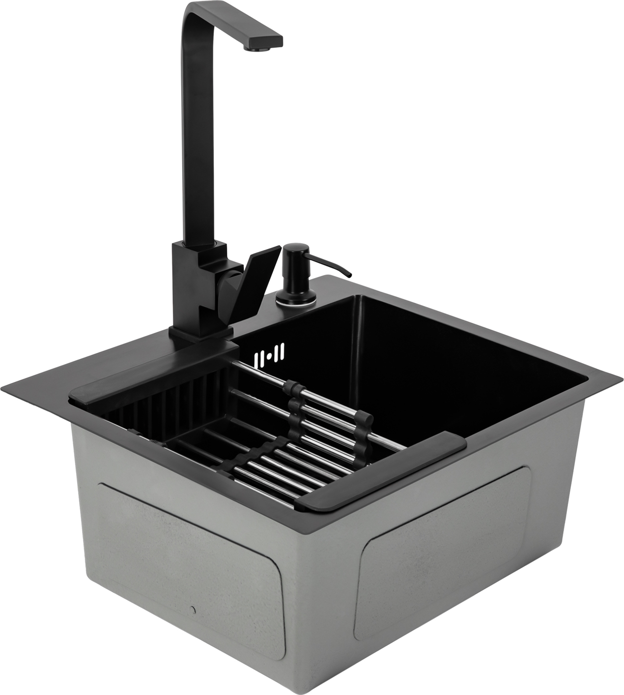 10-częściowy zestaw zlewozmywakowy do zabudowy ze stali nierdzewnej 40*45 cm z obrotową baterią kuchenną 360° z rurą spustową i zestawem odpływowym z dozownikiem mydła, czarny