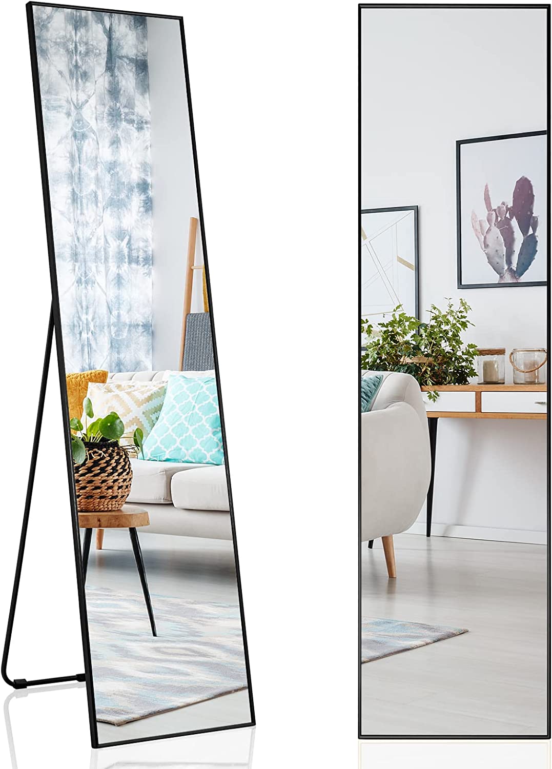 Pełnowymiarowe lustro 160 x 40 cm, lustro stojące i ścienne 2 w 1, regulowane i wolnostojące lustro do garderoby, lustro do sypialni, salonu, przebieralni (czarne)