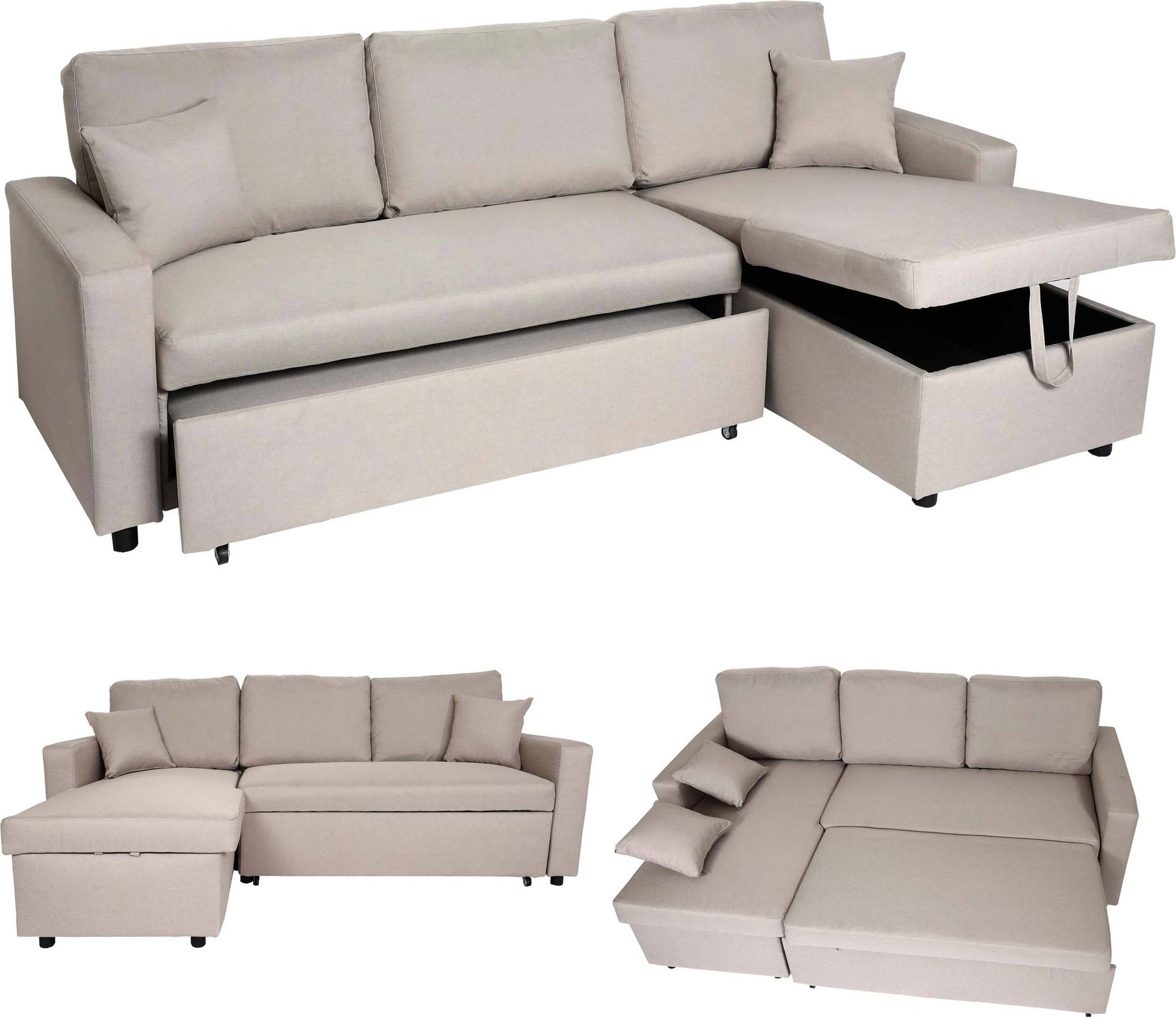 Sofa narożna z pojemnikiem na pościel HWC-L17, sofa w kształcie litery L, rozkładana powierzchnia Nosag zawieszenie sprężynowe 228cm ~ beżowy