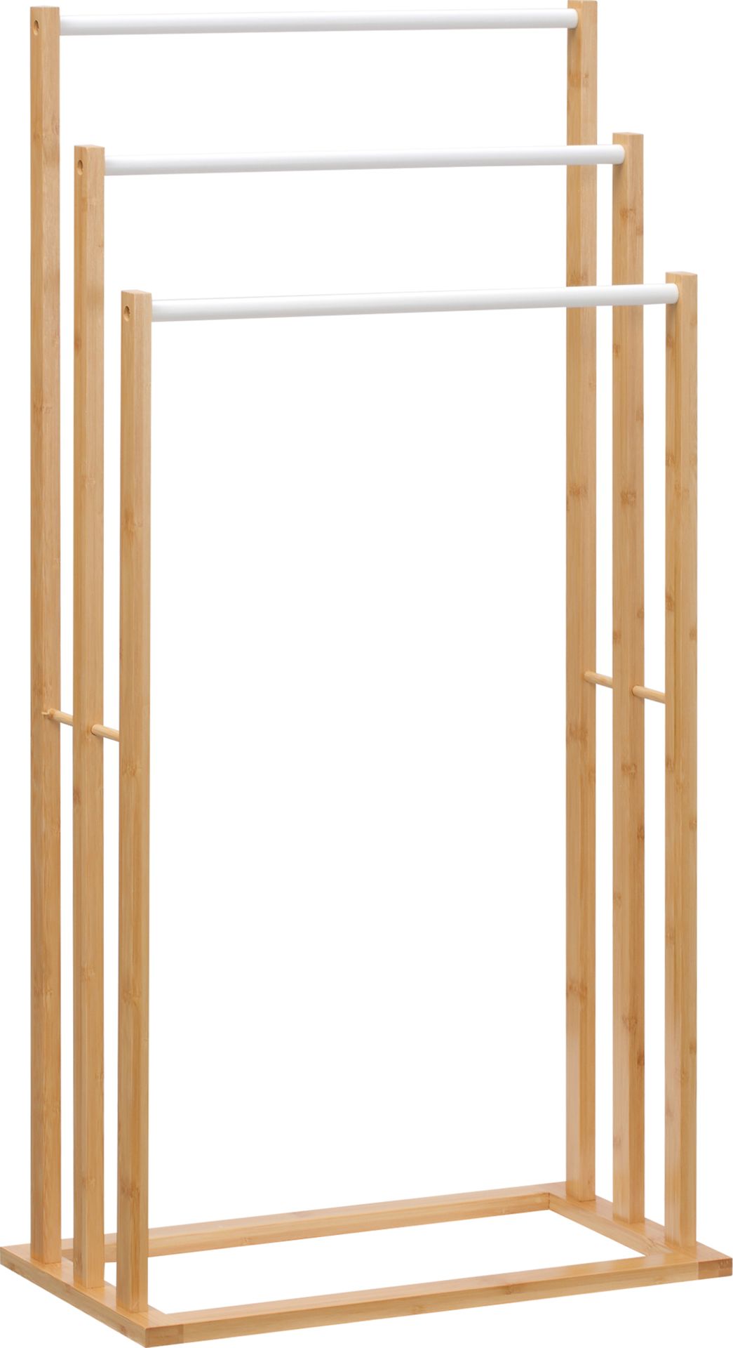 HOMCOM Wieszak na ręczniki Wolnostojący wieszak na ręczniki z 3 drążkami Wieszak na ręczniki kąpielowe bez wiercenia Bambus Naturalny 48 x 25,8 x 94 cm