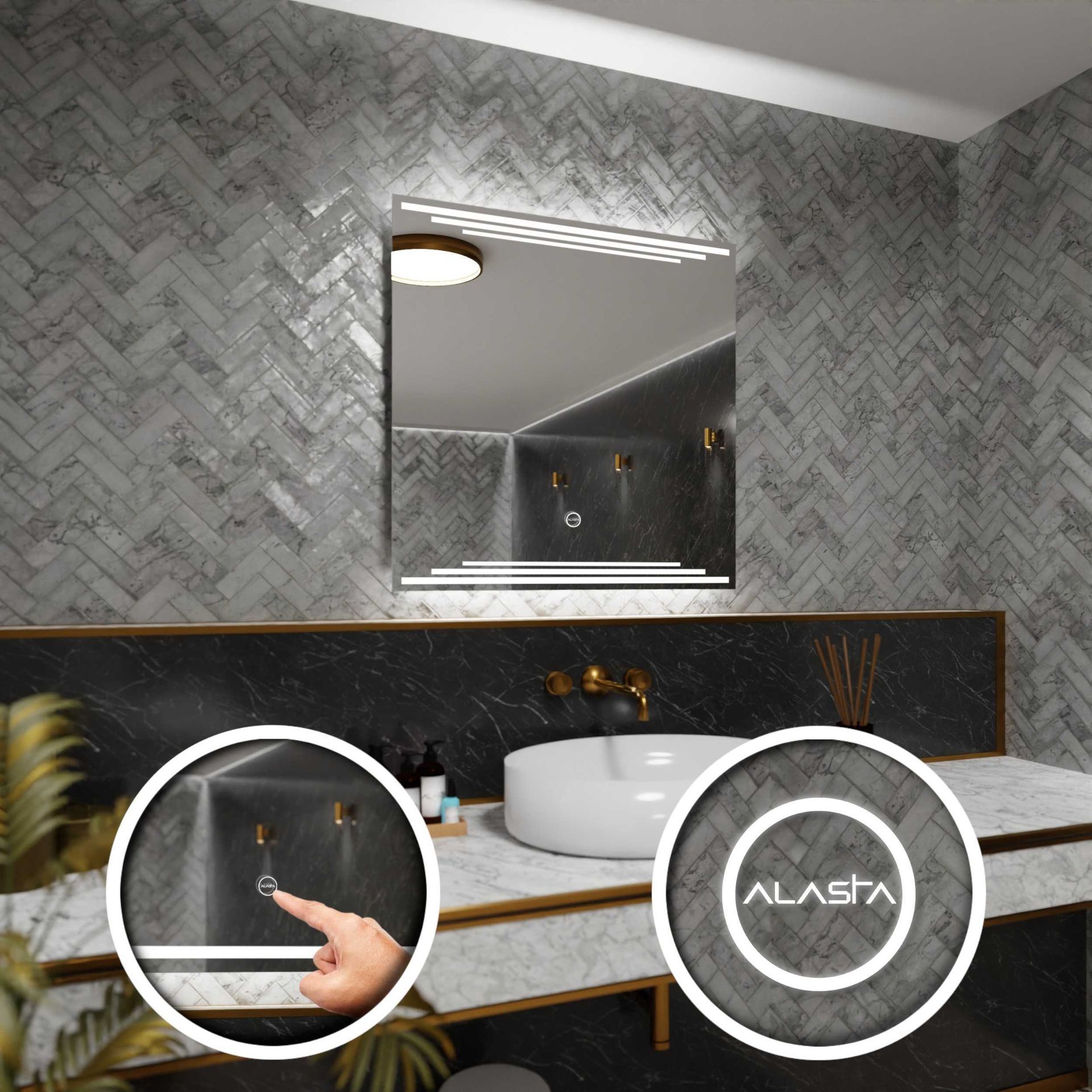 Prostokątne lustro łazienkowe z podświetleniem LED i włącznikiem dotykowym - Birma - 70 x 70cm