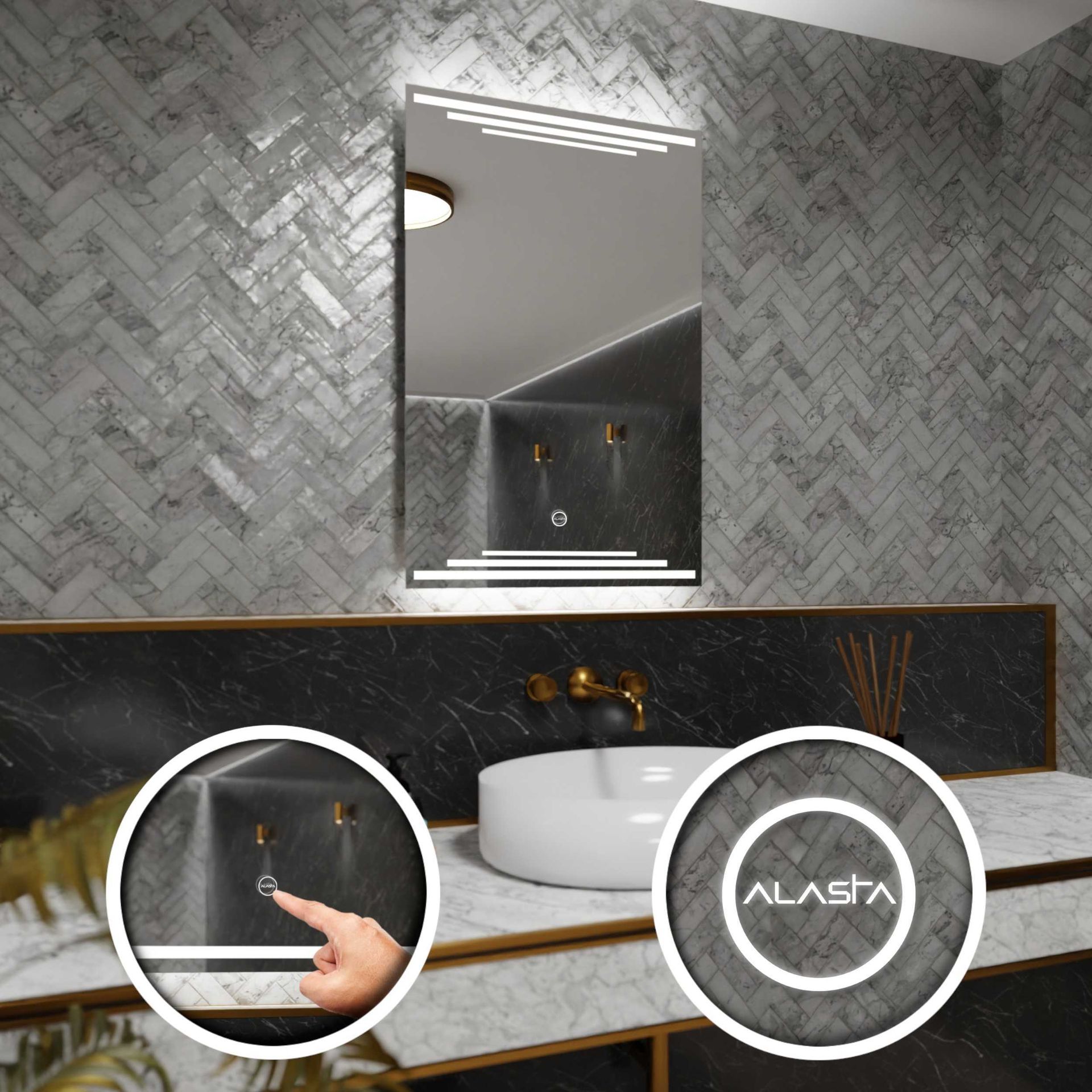 Prostokątne lustro łazienkowe z podświetleniem LED i włącznikiem dotykowym - Birma - 70 x 90cm