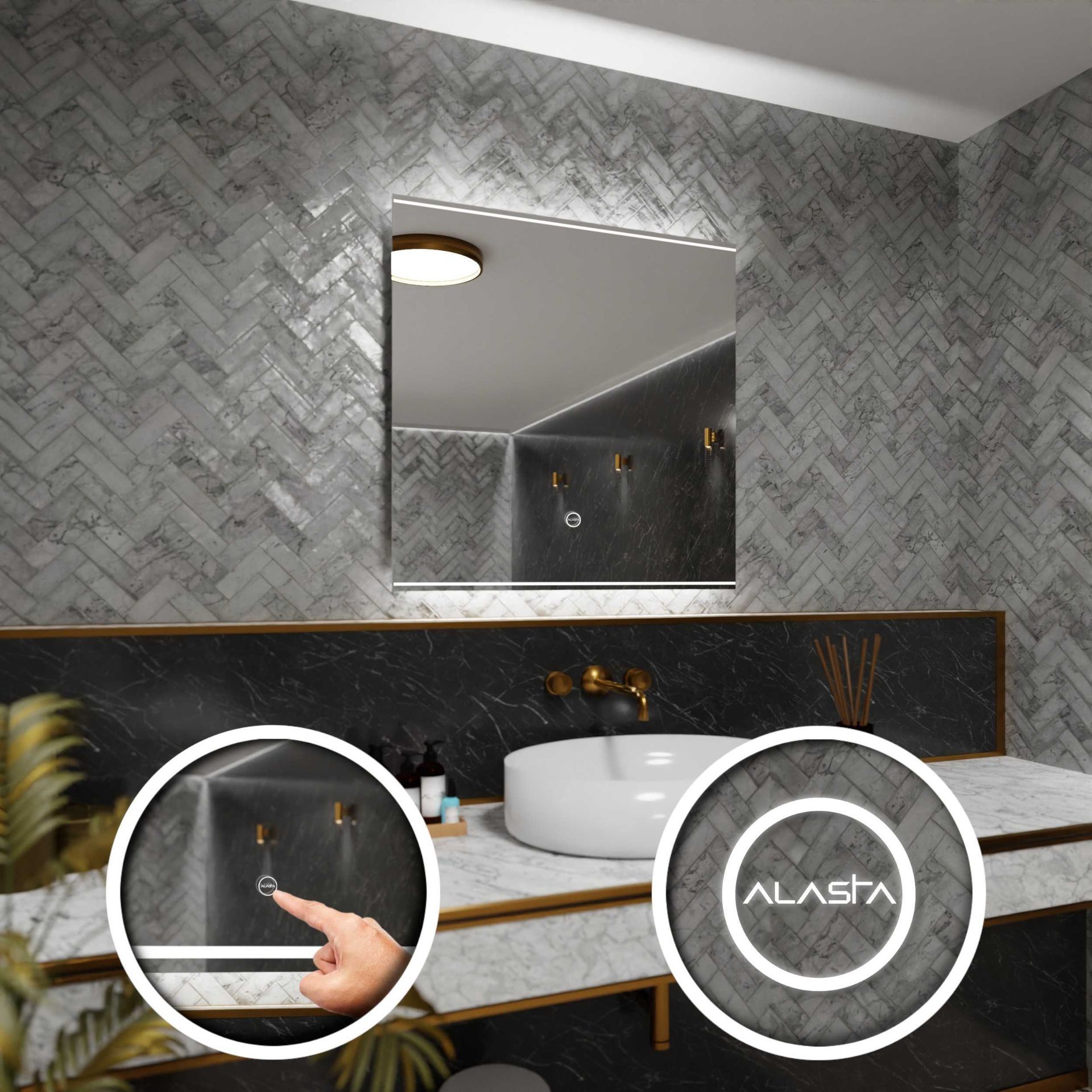 Prostokątne lustro łazienkowe z podświetleniem LED i włącznikiem dotykowym - Chicago - 70 x 70cm