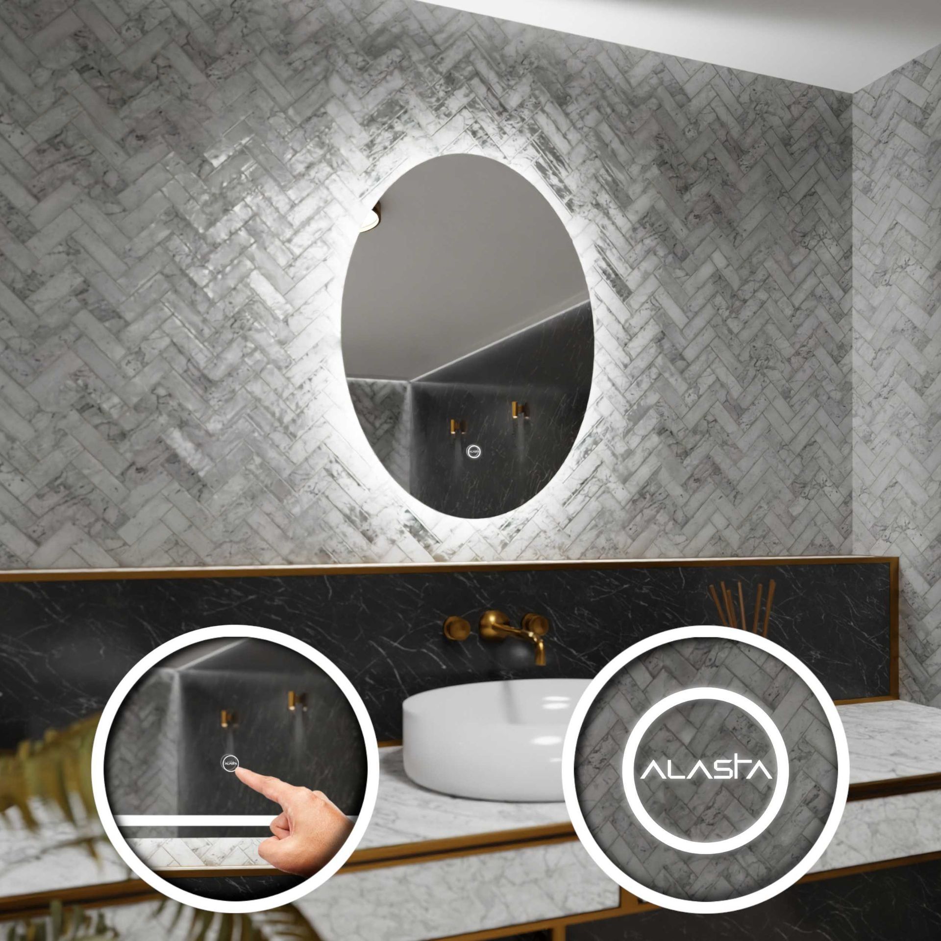 Lustro łazienkowe z podświetleniem LED i włącznikiem dotykowym, Elipsa - Tokio - 60 x 90cm