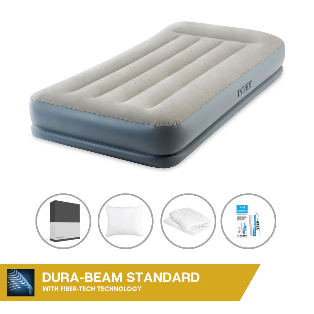 Łóżko dmuchane Intex - 1 osoba - 99 x 191 x 30 cm - Szare - Z wbudowaną pompką + prześcieradło czarne + poduszka + poszewki Molton 2 w 1 + zestaw naprawczy