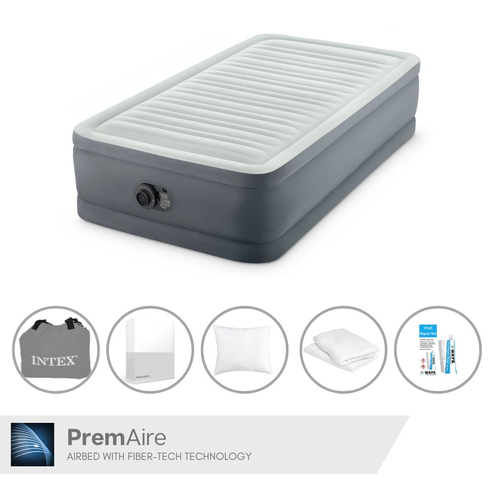 Łóżko dmuchane Intex - 1 osoba - 99 x 191 x 46 cm - Szare - Z pompką elektryczną + prześcieradło białe + poduszka + poszewki Molton 2 w 1 + zestaw naprawczy