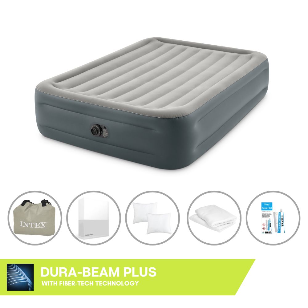 Łóżko dmuchane Intex - 2 osoby - 152 x 203 x 46 cm - Szare - Z wbudowaną pompką + prześcieradło białe + poduszka + poszewki Molton 2 w 1 + zestaw naprawczy