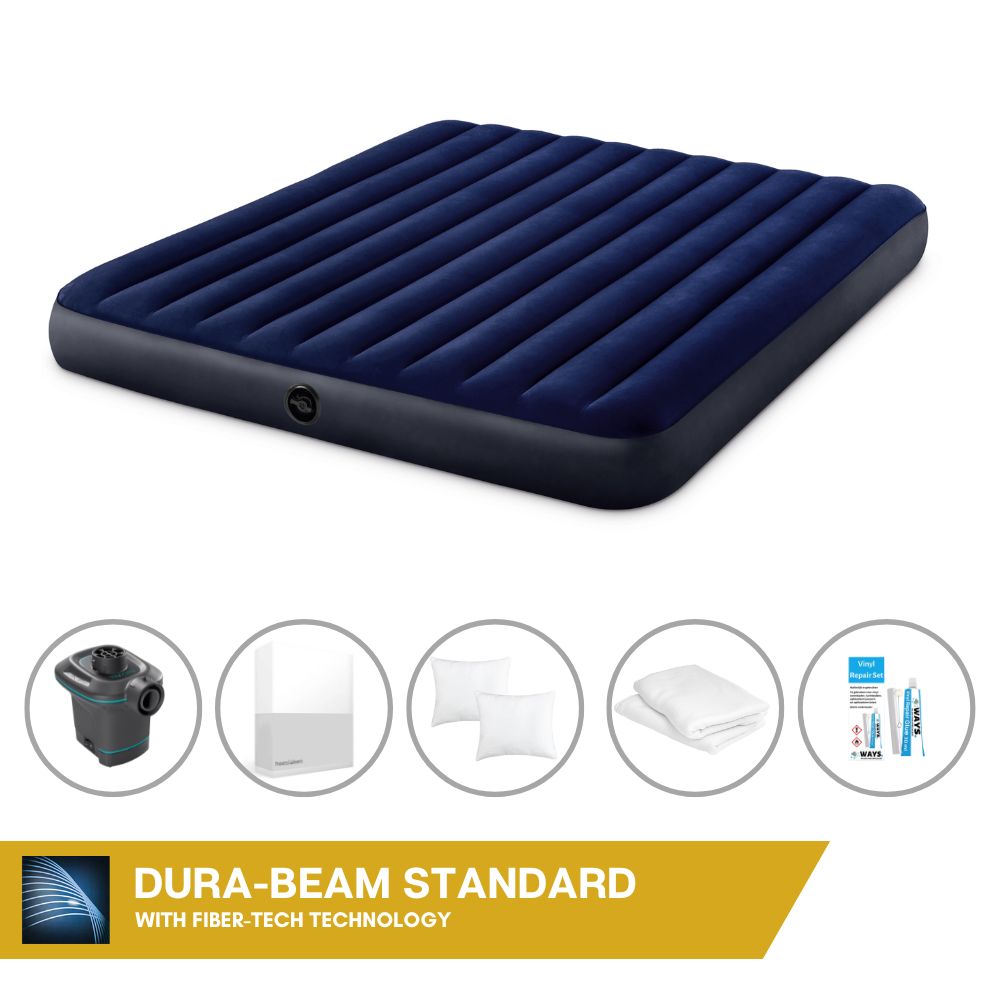 Dmuchane łóżko Intex - 2 osoby - 183 x 203 x 25 cm - Niebieski + elektryczna pompka Intex - 650 litrów/min + prześcieradło białe + poduszka + poszewki Molton 2 w 1 + zestaw naprawczy