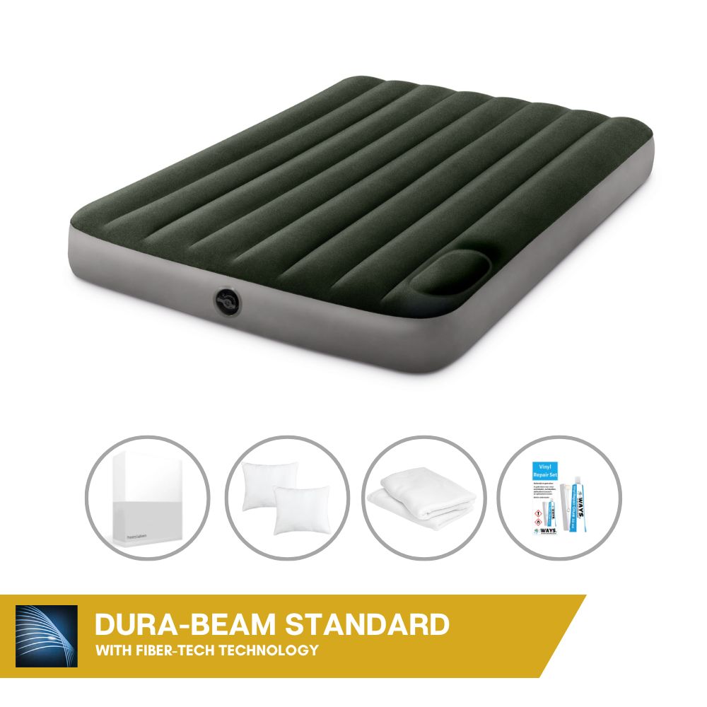 Dmuchane łóżko Intex - 2 osoby - 137 x 191 x 25 cm - Zielony - Z wbudowaną pompką nożną + prześcieradło białe + poduszka + poszewki Molton 2 w 1 + zestaw naprawczy