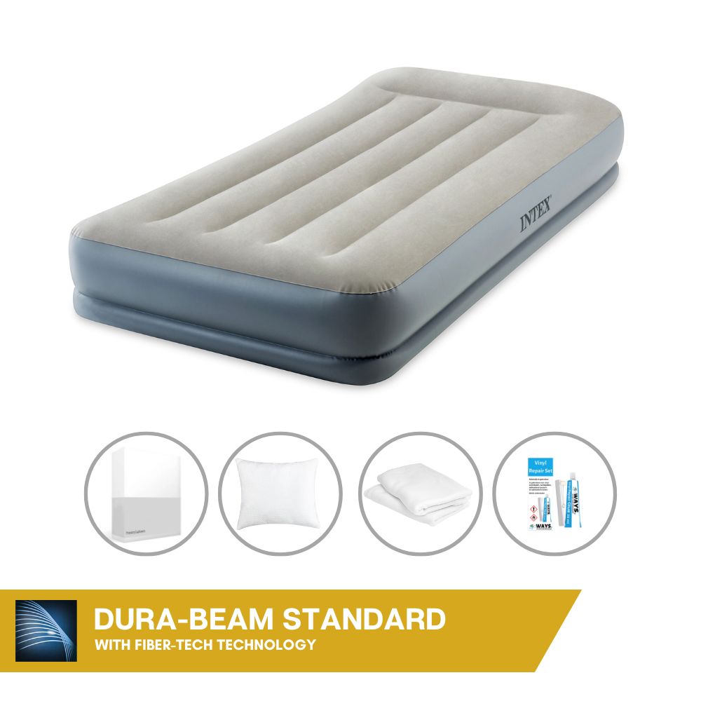 Łóżko dmuchane Intex - 1 osoba - 99 x 191 x 30 cm - Szare - Z wbudowaną pompką + prześcieradło białe + poduszka + poszewki Molton 2 w 1 + zestaw naprawczy