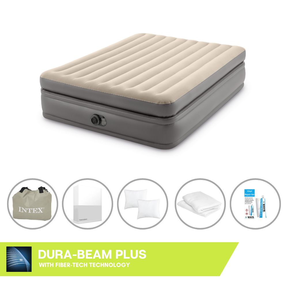 Łóżko dmuchane Intex - 2 osoby - 152 x 203 x 51 cm - Szare - Z wbudowaną pompką + prześcieradło białe + poduszka + poszewki Molton 2 w 1 + zestaw naprawczy