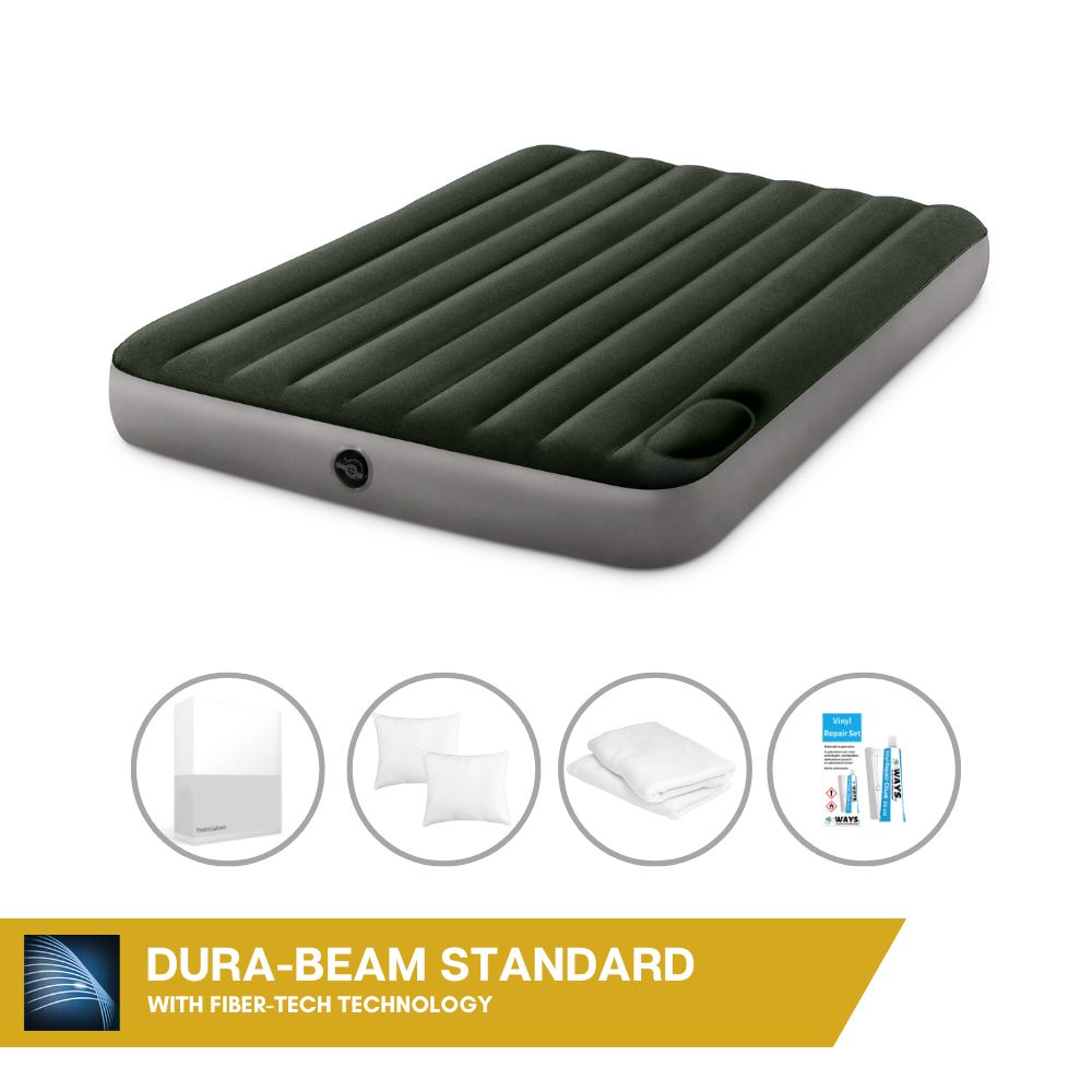 Dmuchane łóżko Intex - 2 osoby - 152 x 203 x 25 cm - Zielony - Z wbudowaną pompką nożną + prześcieradło białe + poduszka + poszewki Molton 2 w 1 + zestaw naprawczy
