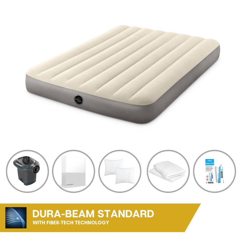 Łóżko dmuchane Intex - 2 osoby - 137 x 191 x 25 cm - beżowe + pompka elektryczna Intex - 650 litrów/min + prześcieradło białe + poduszka + poszewki Molton 2 w 1 + zestaw naprawczy