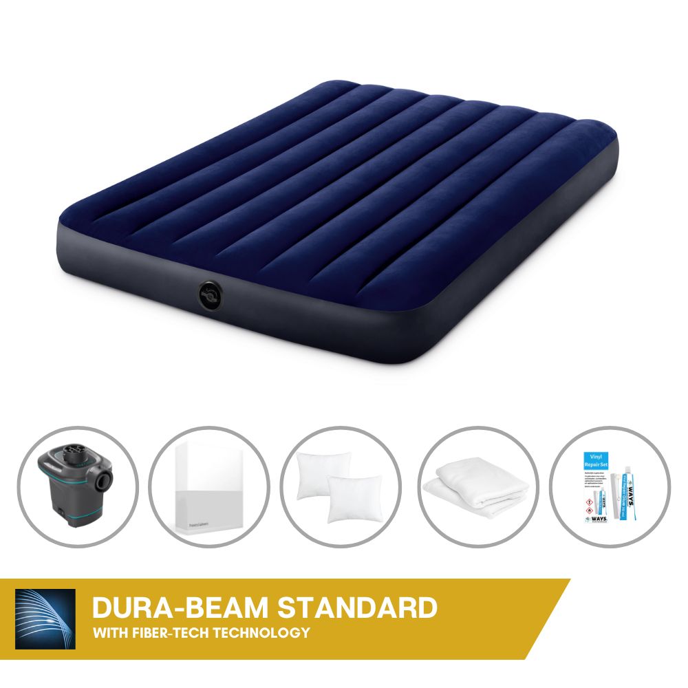 Dmuchane łóżko Intex - 2 osoby - 137 x 191 x 25 cm - niebieskie + elektryczna pompka Intex - 650 litrów/min + prześcieradło białe + poduszka + poszewki Molton 2 w 1 + zestaw naprawczy