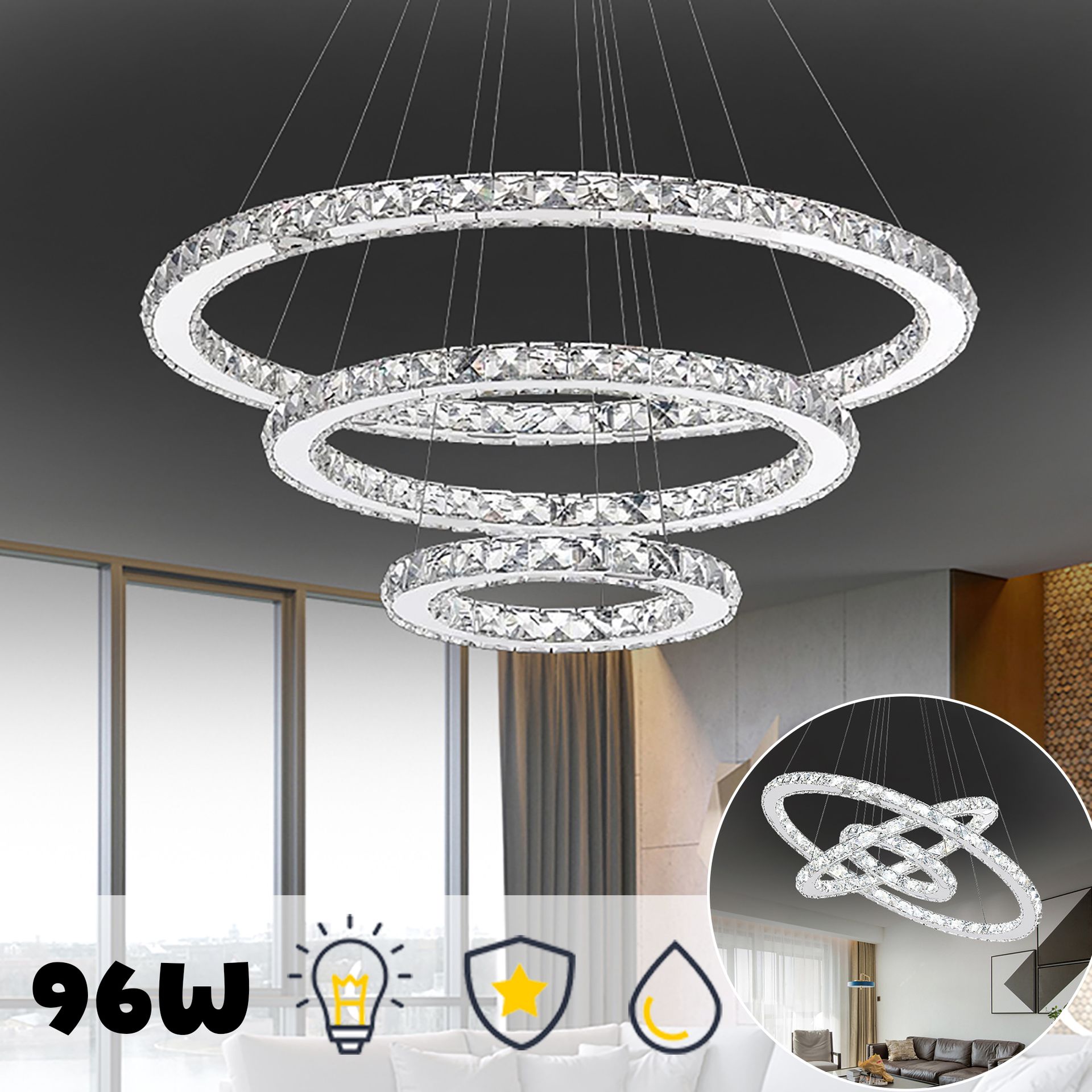 ACXIN 96W LED Kryształowa Lampa Wisząca Trzy Pierścienie Lampa Sufitowa Lampa Wisząca Kreatywny Żyrandol Zimnobiały Żyrandol (96W Zimnobiały)