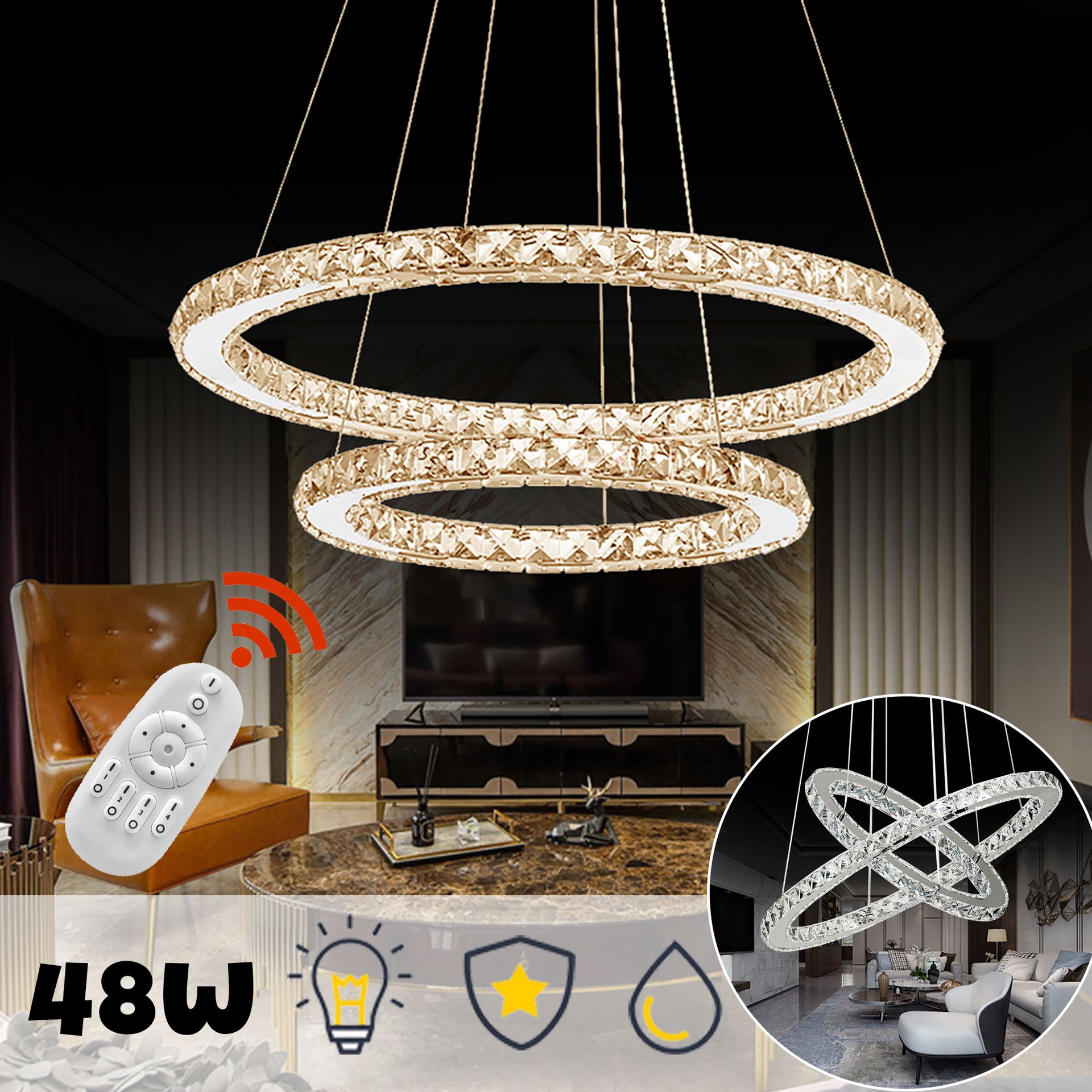 ACXIN 48W LED Ściemnialna Kryształowa Lampa Wisząca Dwa Pierścienie Lampa Sufitowa Lampa Wisząca Kreatywny Żyrandol Żyrandol Sufitowy LED (48W Ściemnialny)