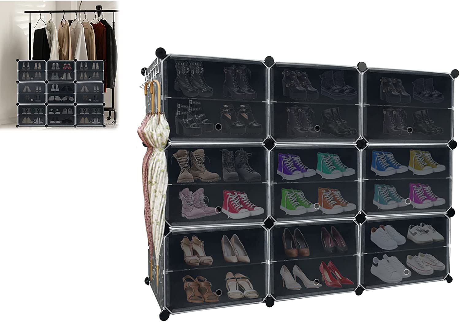 YARDIN stojak na buty, szafka na buty DIY plastikowy stojak na buty prostokątny system półek z 18 przegrodami, stojak na buty półka do przechowywania wieszak na płaszcz z drzwiami 122x32x93cm (szer. x gł. x wys.), czarny