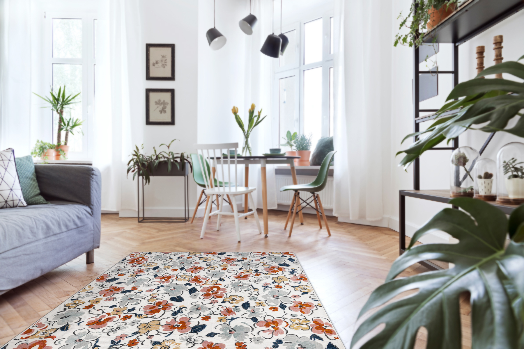 Dywan Strukturalny BOTANIC 65239 Kwiaty płasko tkany, na balkon, taras - ecru wielokolorowy 117x170 cm