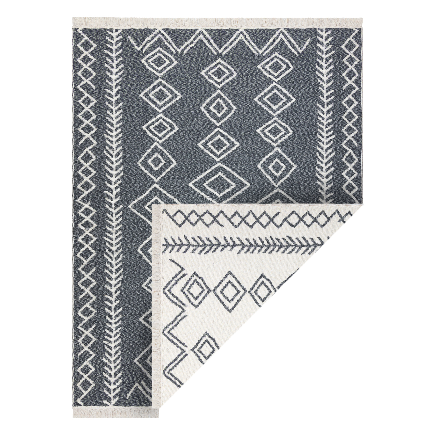 Dywan TWIN 23000 Boho, bawełna, dwustronny, romby Ekologiczny frędzle - antracyt / krem szary 80x300 cm