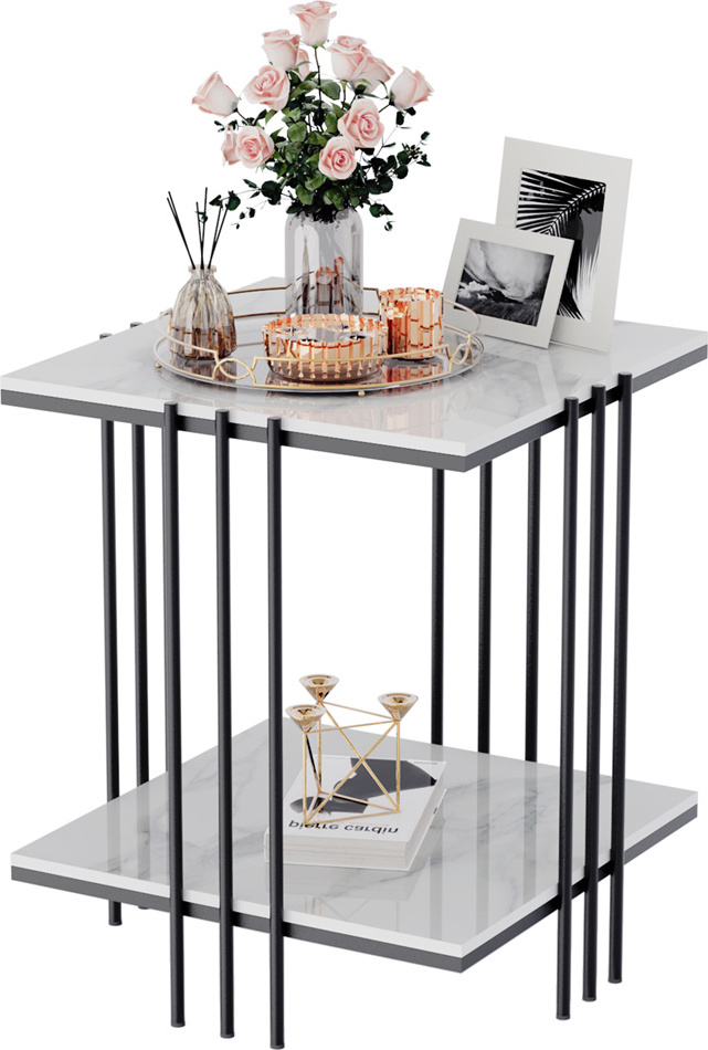 Stolik nocny WISFOR, marmurowy stolik boczny z półką, stolik kawowy, komoda nocna, oszczędność miejsca, do sypialni, salonu, nowoczesny, czarna rama