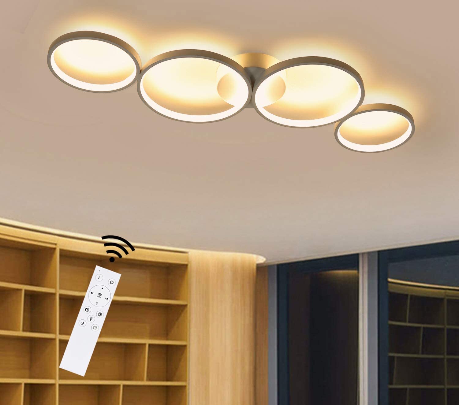 ZMH LED lampa sufitowa biała ściemnialna z pilotem nowoczesna lampa sufitowa 4 płomienie w optyce pierścienia okrągła 55W wewnętrzna metalowa do salonu sypialni