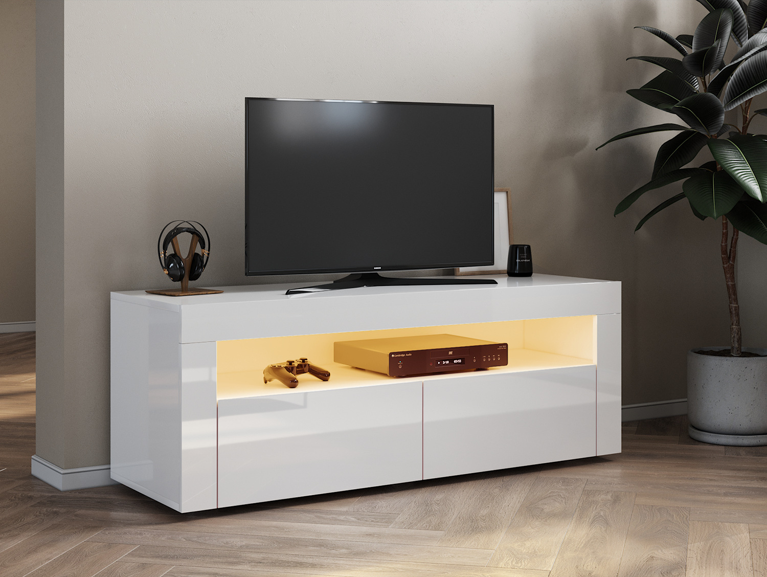 SUNXURY Niska szafka pod TV biały wysoki połysk z oświetleniem LED, 12 kolorów LED, z 2 drzwiami skrzydłowymi, bez uchwytów 120 x 40 x 45 cm