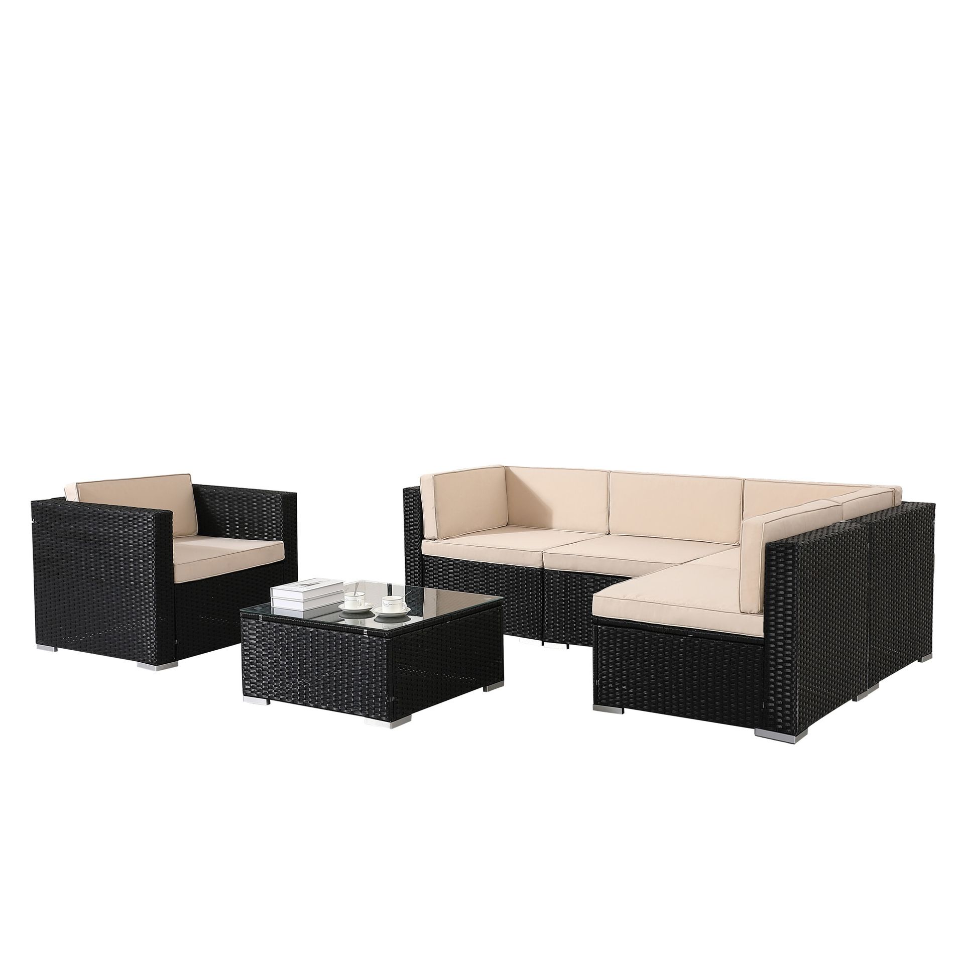 AREBOS® Polyrattan meble ogrodowe salon ogrodowy zestaw sof grupa wypoczynkowa czarna rama aluminiowa stół ze szklanym blatem z fotelami