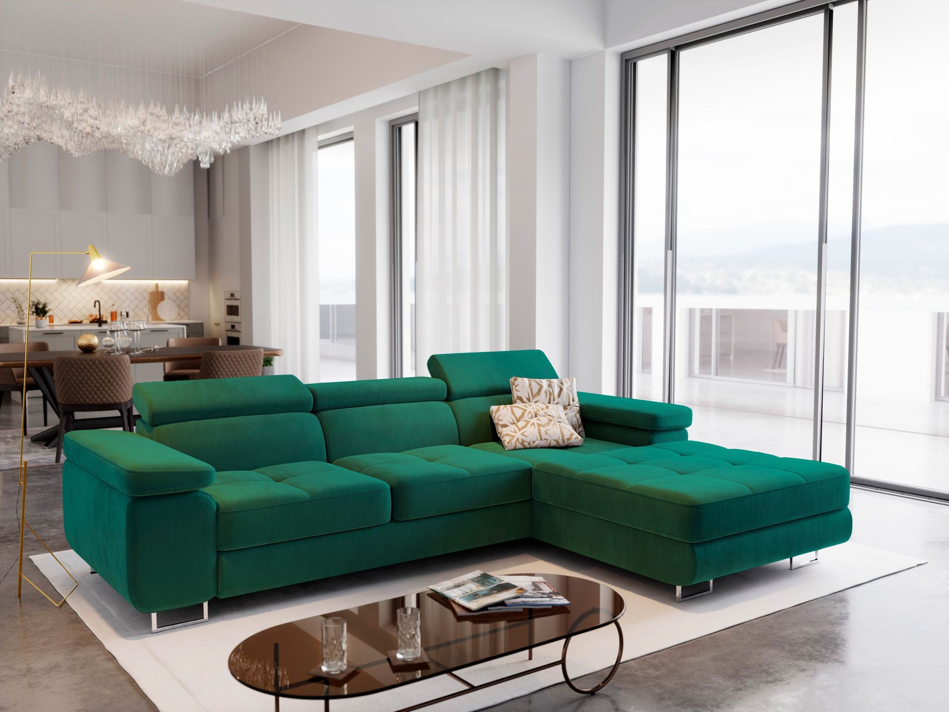 Masseno Narożnik ELMA R-S z funkcją spania i pojemnikiem na pościel Kształt L, Rozkładana sofa, Rogówka - Butelkowa zieleń, MONOLITH 37