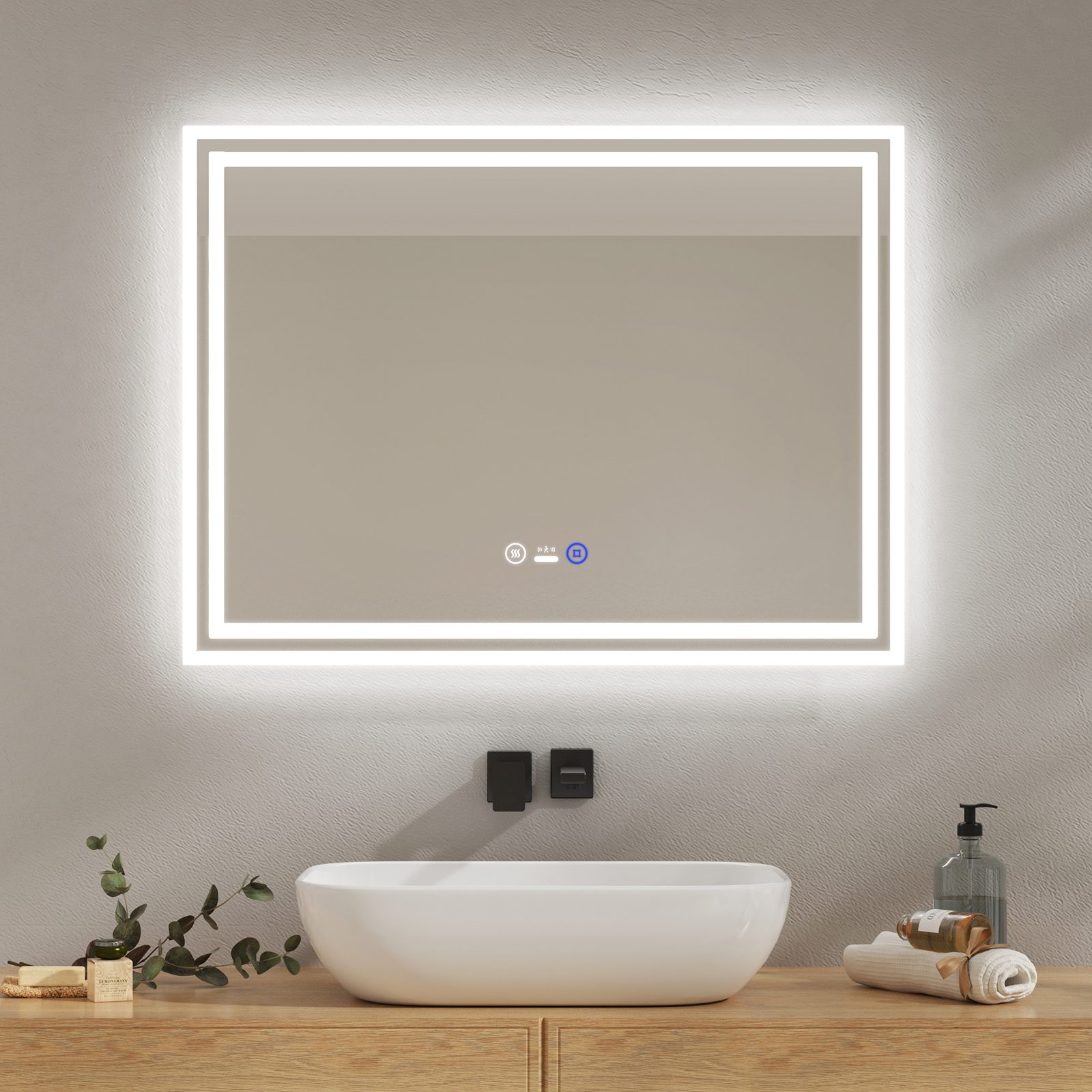 Lustro łazienkowe EMKE LED z czujnikiem ruchu 80x60cm, dotykowe, bezmgielne, 3 barwy światła z możliwością ściemniania, automatyczne wyłączanie po 1 godzinie, energooszczędne IP44