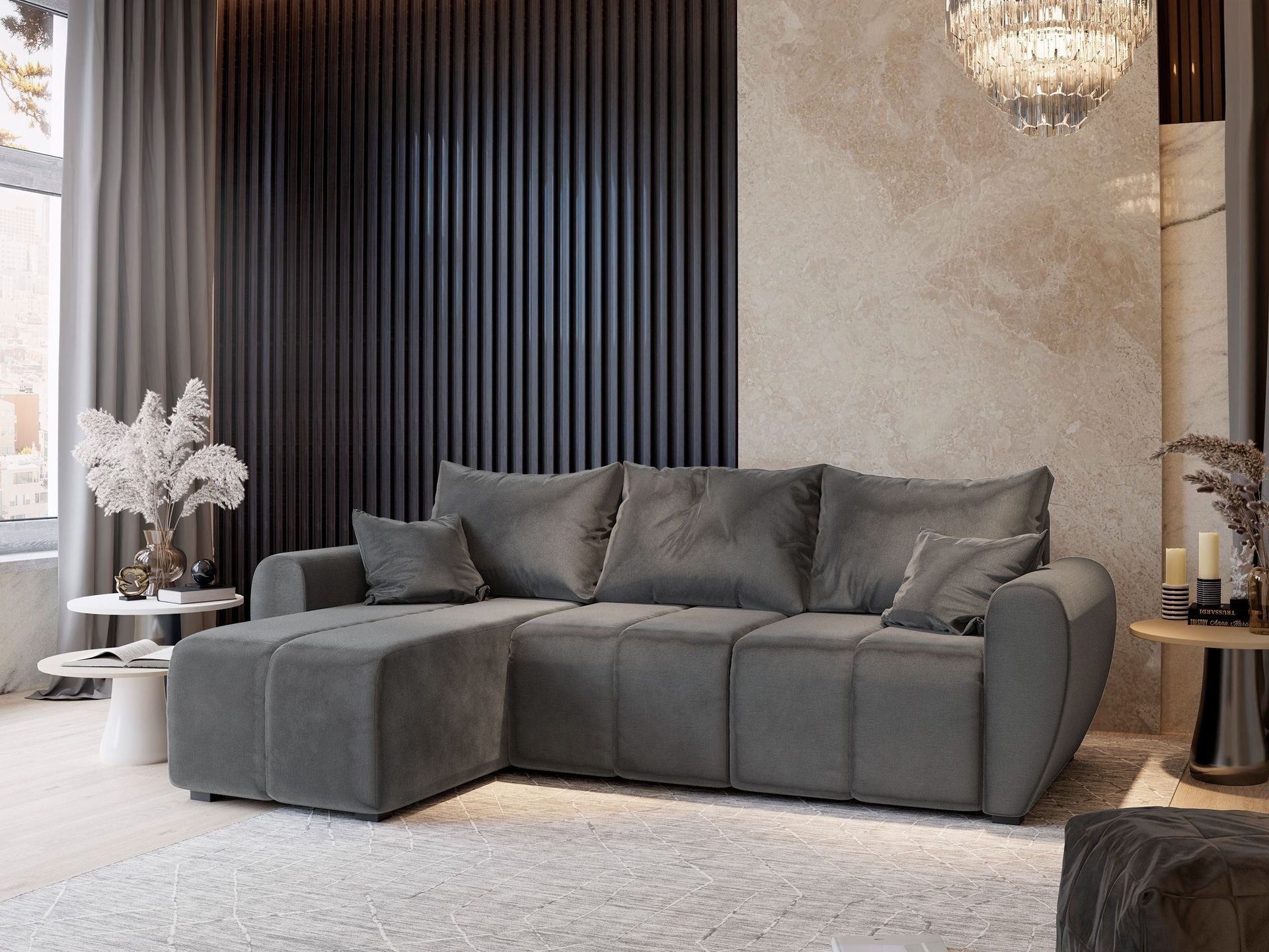 Masseno Narożnik MADISON z funkcją spania i pojemnikiem na pościel Kształt L, Rozkładana sofa, Rogówka - Szary, PAROS 06