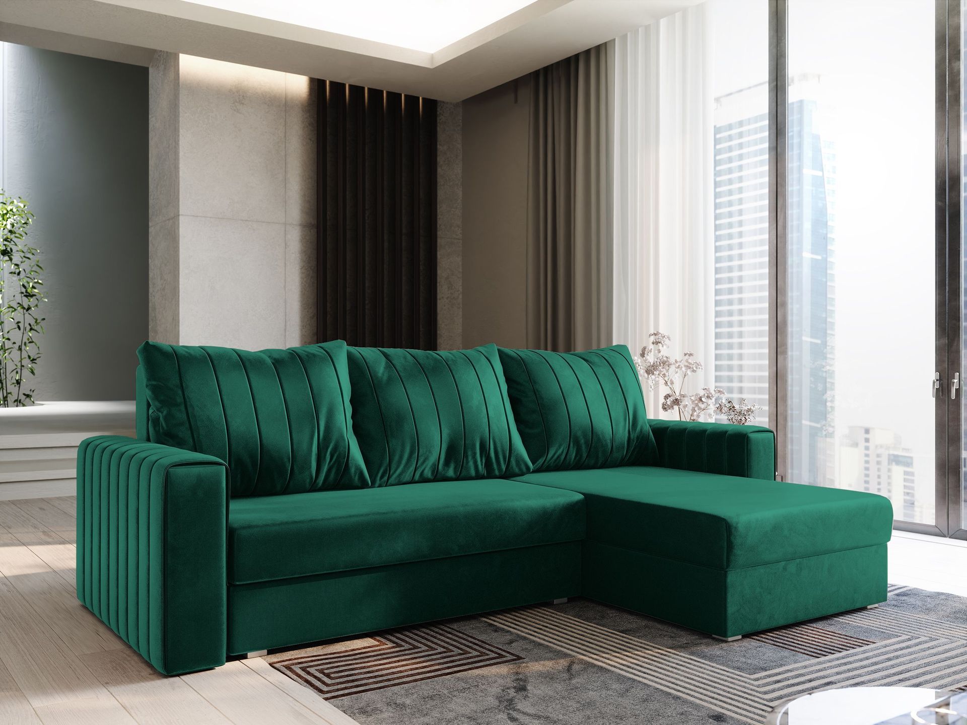 Masseno Narożnik CARL z funkcją spania i pojemnikiem na pościel Kształt L, Rozkładana sofa, Rogówka - Butelkowa zieleń, KRONOS 19