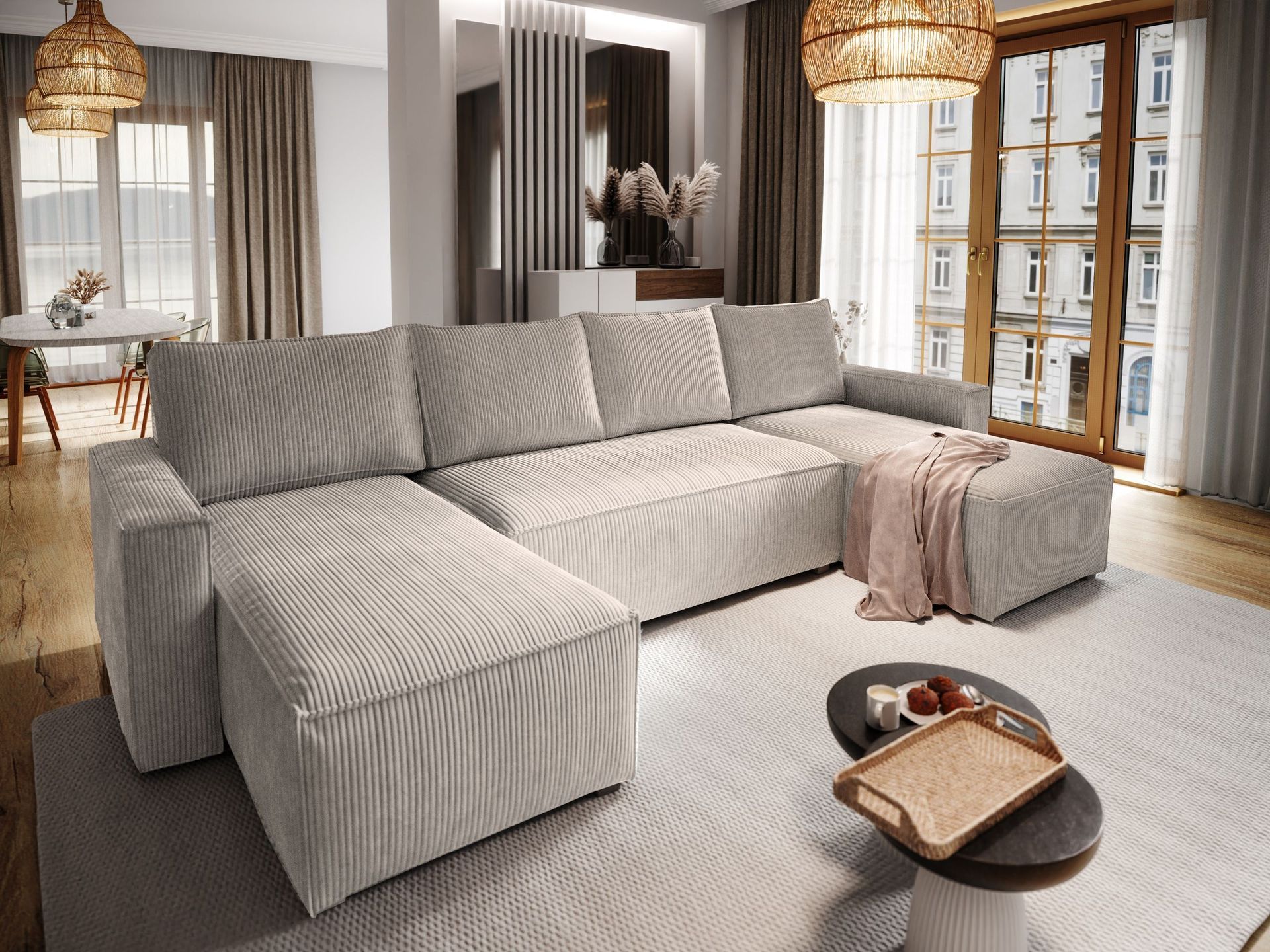Masseno Narożnik ASPRA z funkcją spania i pojemnikiem na pościel Kształt U, Rozkładana sofa, Rogówka - Beżowy, POSO 02