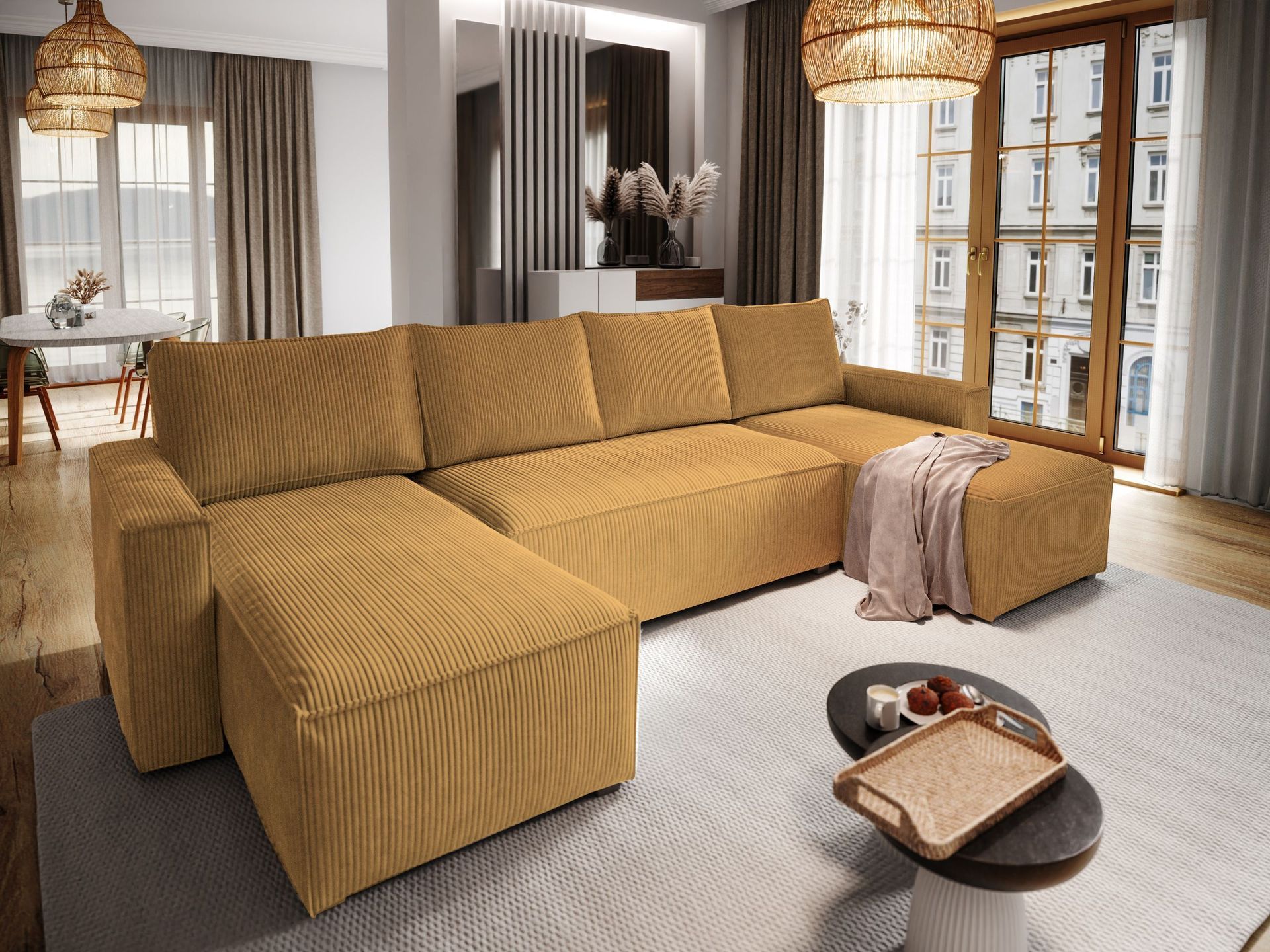 Masseno Narożnik ASPRA z funkcją spania i pojemnikiem na pościel Kształt U, Rozkładana sofa, Rogówka - Żółty, POSO 01