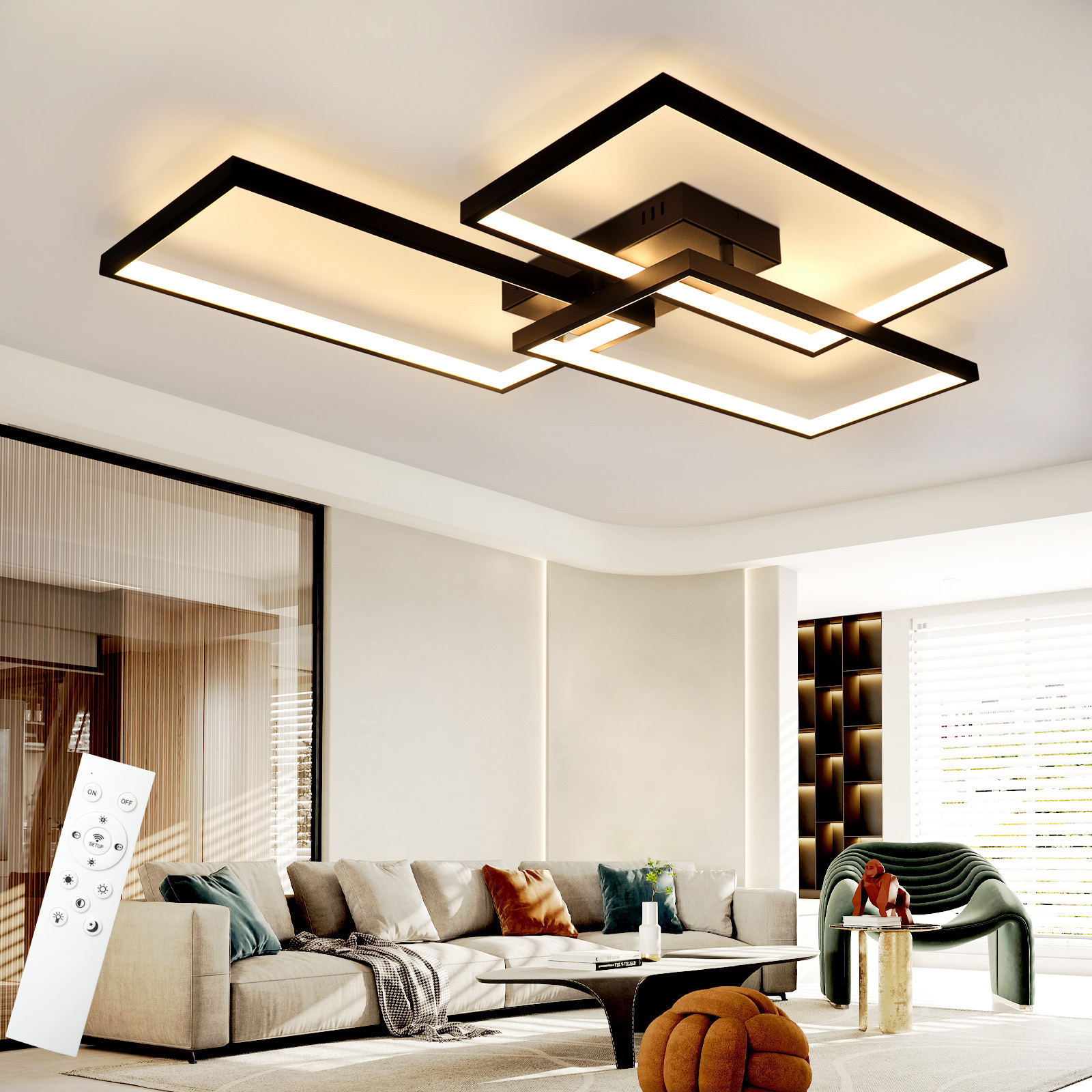 ZMH Lampa sufitowa LED czarna ściemnialna z pilotem Lampa sufitowa do salonu 80CM 74W Nowoczesny prostokątny metal do sypialni Pokój dziecięcy Kuchnia