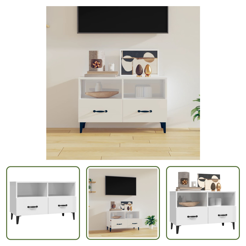 The Living Store szafka pod telewizor biały wysoki połysk 80x36x50 cm materiał drewnopochodny