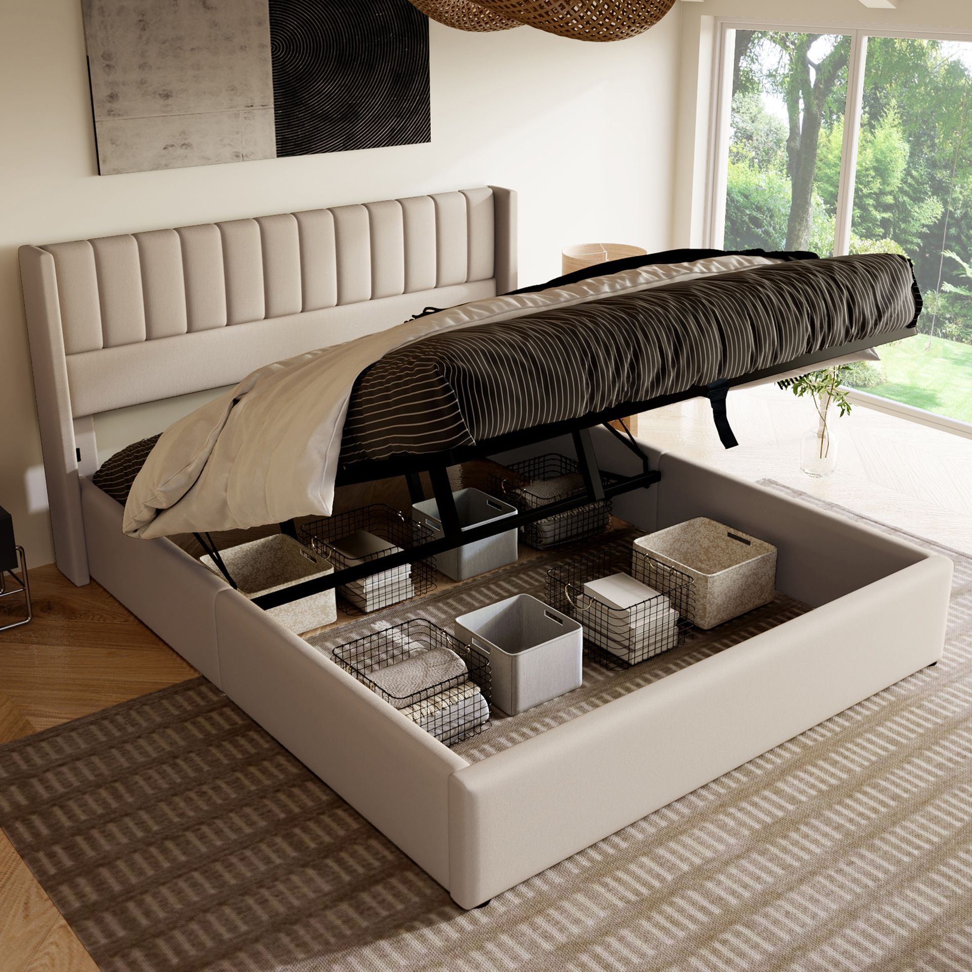 Łóżko tapicerowane Sweiko, hydrauliczne łóżko podwójne, łóżko z litego drewna z zagłówkiem i ramą z listew, łóżko do przechowywania, pościel, beżowe, 160x200 cm (bez materaca)