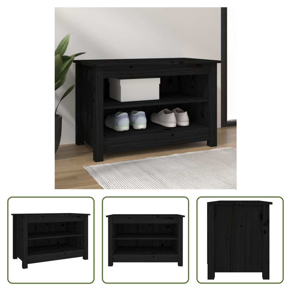 The Living Store Ławka na buty czarna 70x38x45,5 cm lite drewno sosnowe