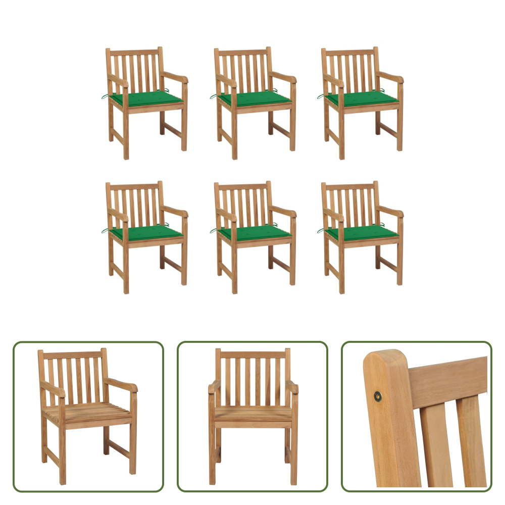 The Living Store krzesła ogrodowe 6 szt. z zielonymi poduszkami z litego drewna tekowego