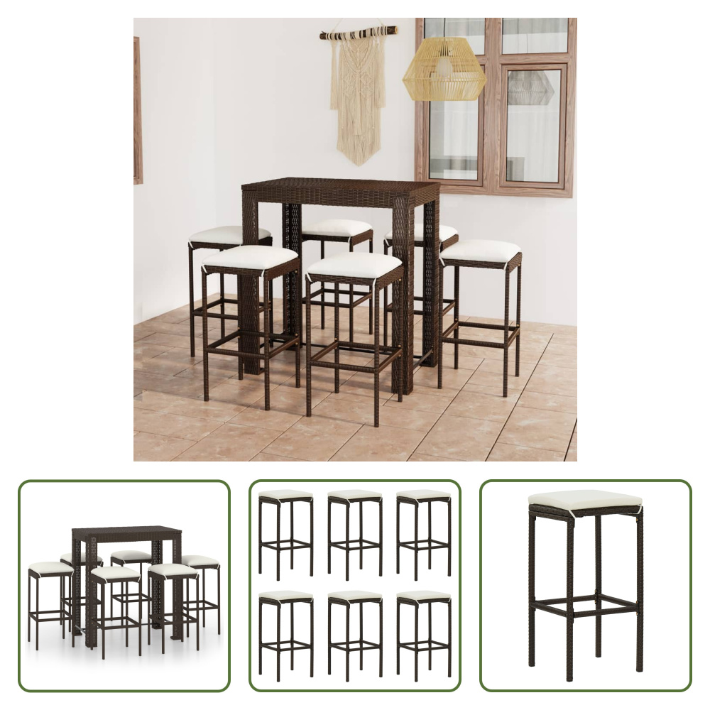 The Living Store 7-częściowy ogrodowy zestaw barowy z poduszkami z polirattanu brązowy