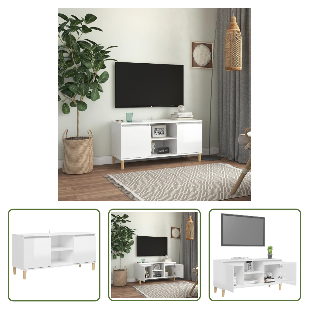 Szafka pod telewizor Living Store z nogami z litego drewna, biały wysoki połysk 103,5x35x50 cm