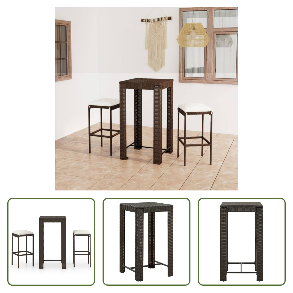 The Living Store 3-częściowy ogrodowy zestaw barowy z poduszkami z polirattanu brązowy