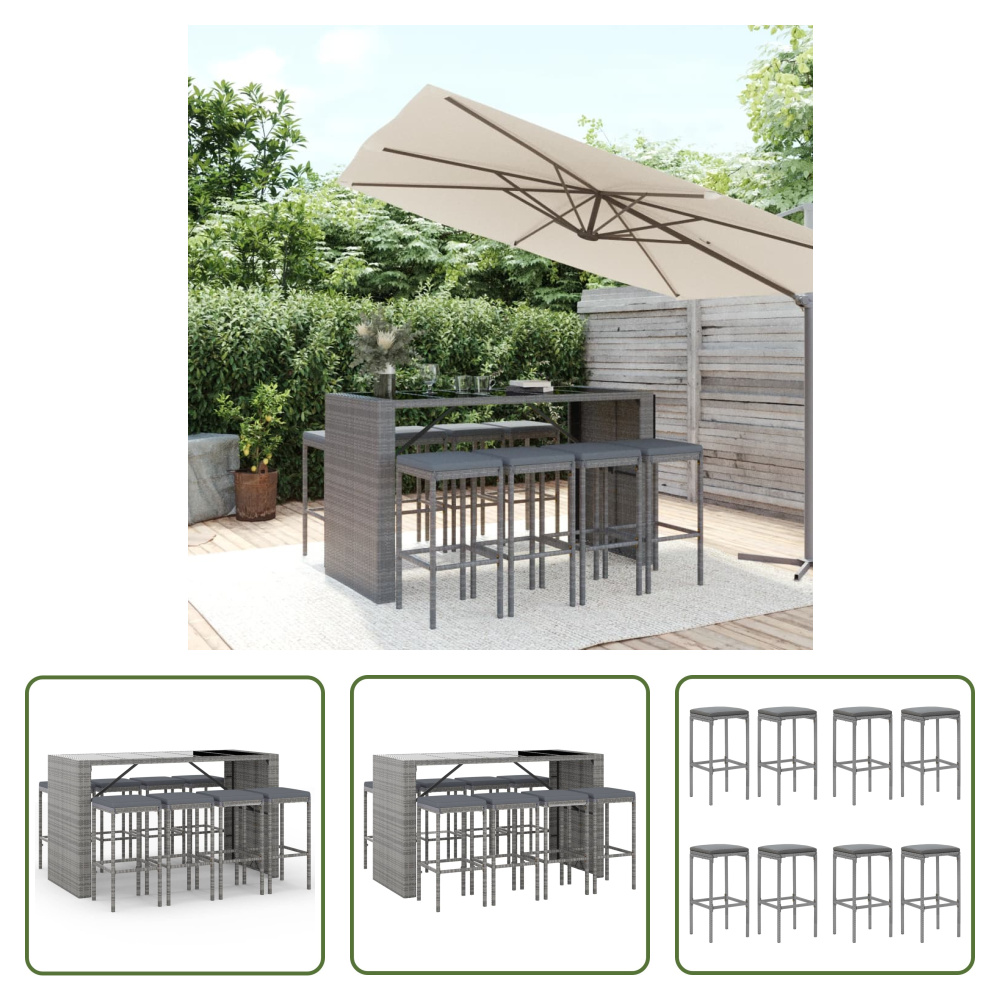 The Living Store 9-częściowy ogrodowy zestaw barowy z poduszkami z szarego polirattanu