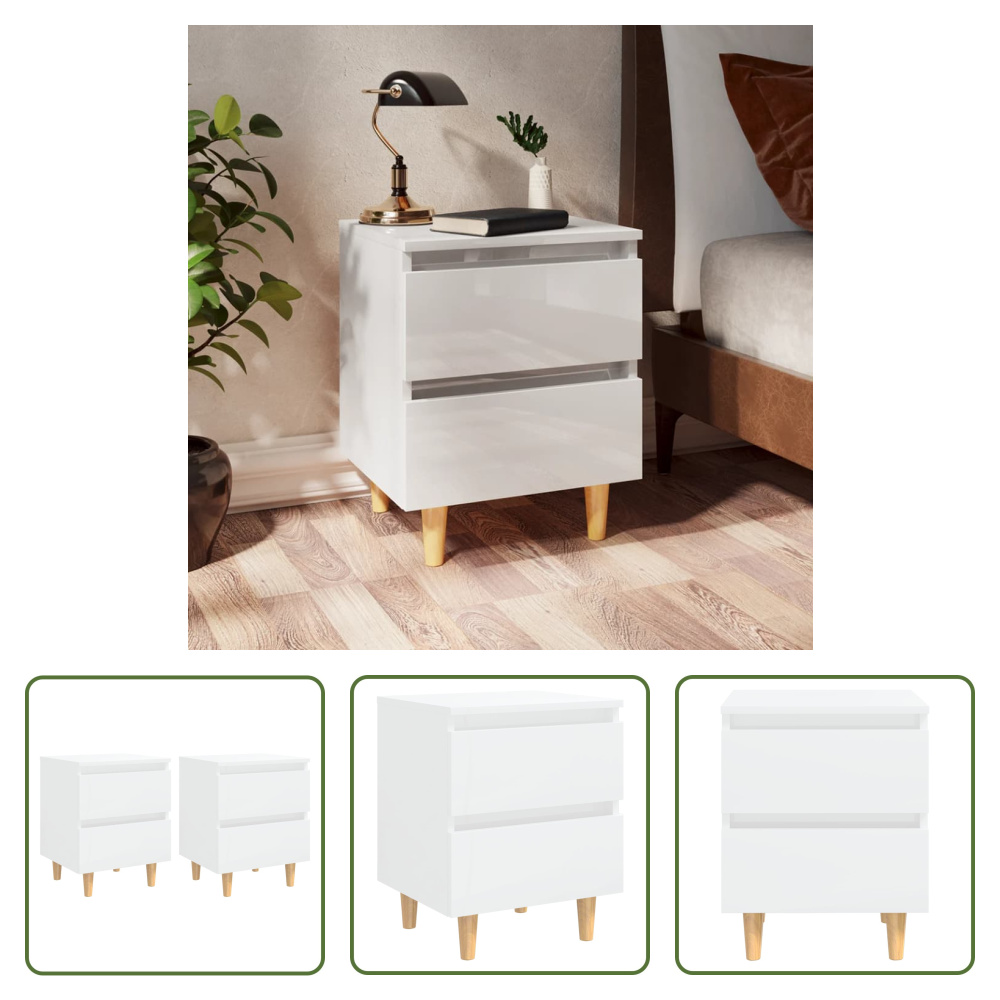 The Living Store Szafki nocne 2 szt. z nogami z drewna sosnowego biały wysoki połysk